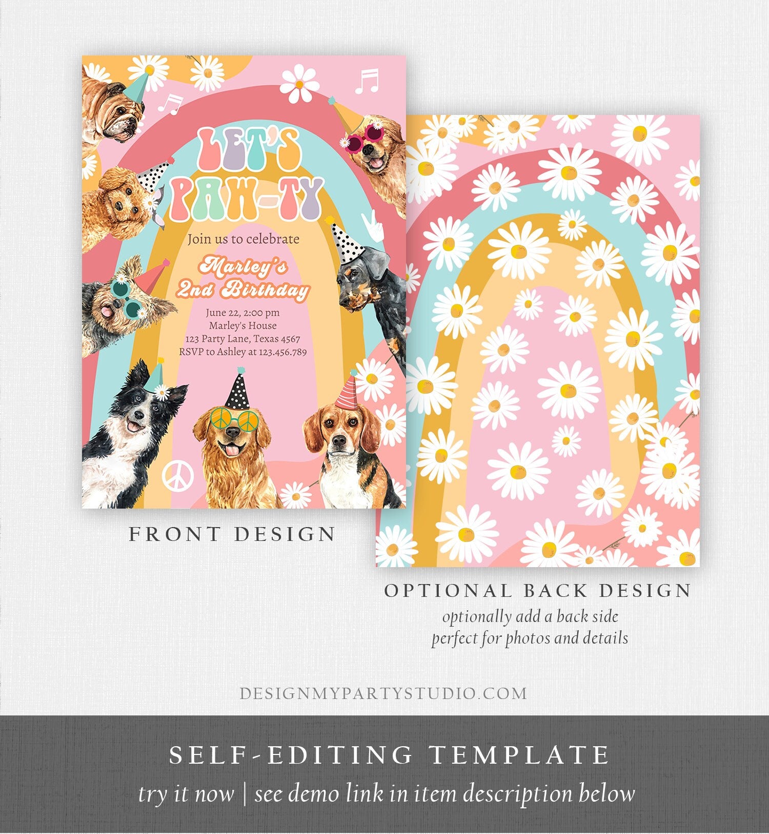 Editable Groovy Dog Birthday Party Invitation Retro Groovy Puppy Girl Doggy Daisy Lets Pawty Digital Download Evite Template Printable 0463