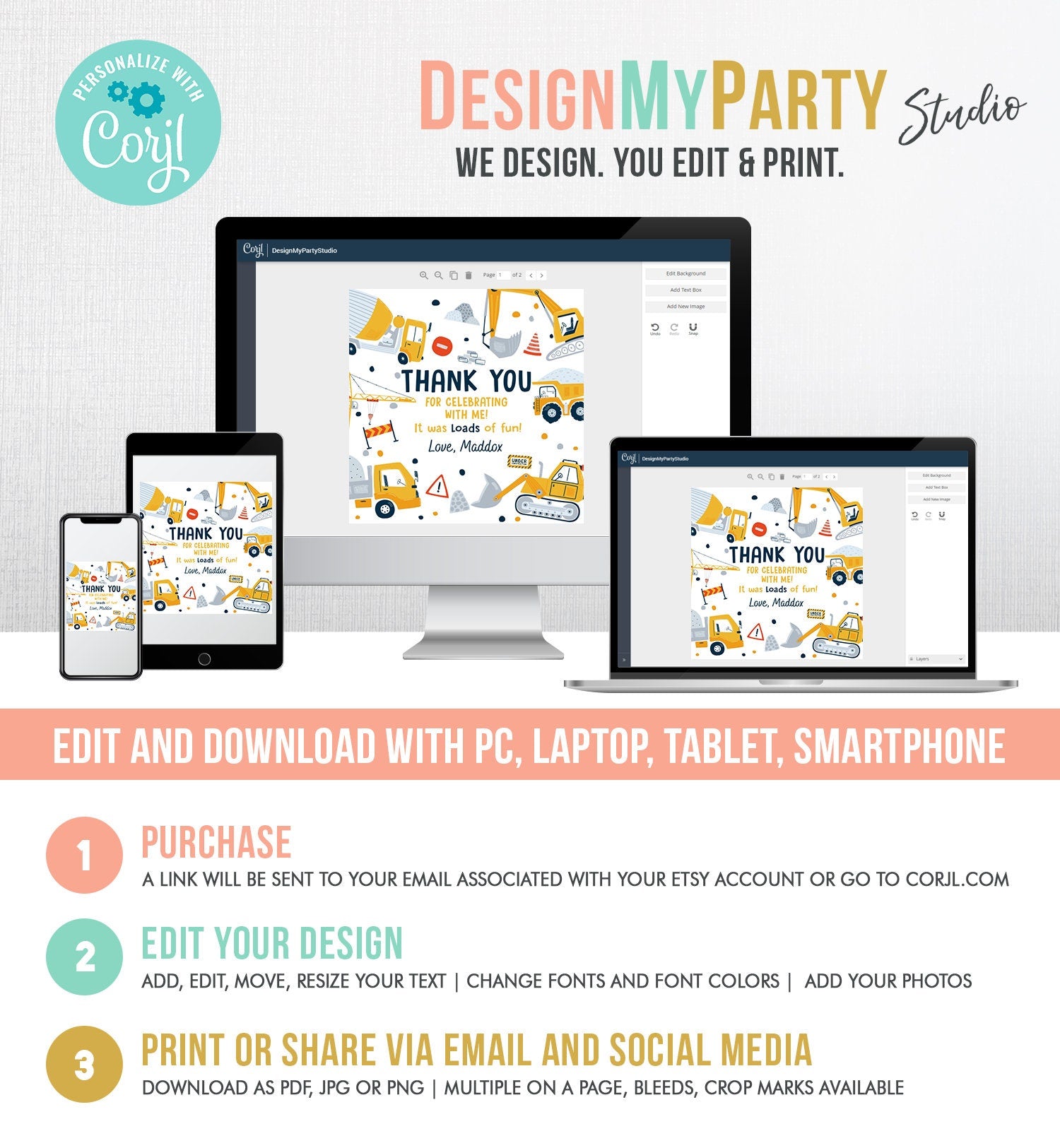 Editable Construction Thank You Tags Construction Birthday Favors Sticker Boy Dump Truck Digger Party Digital Template Printable 0458