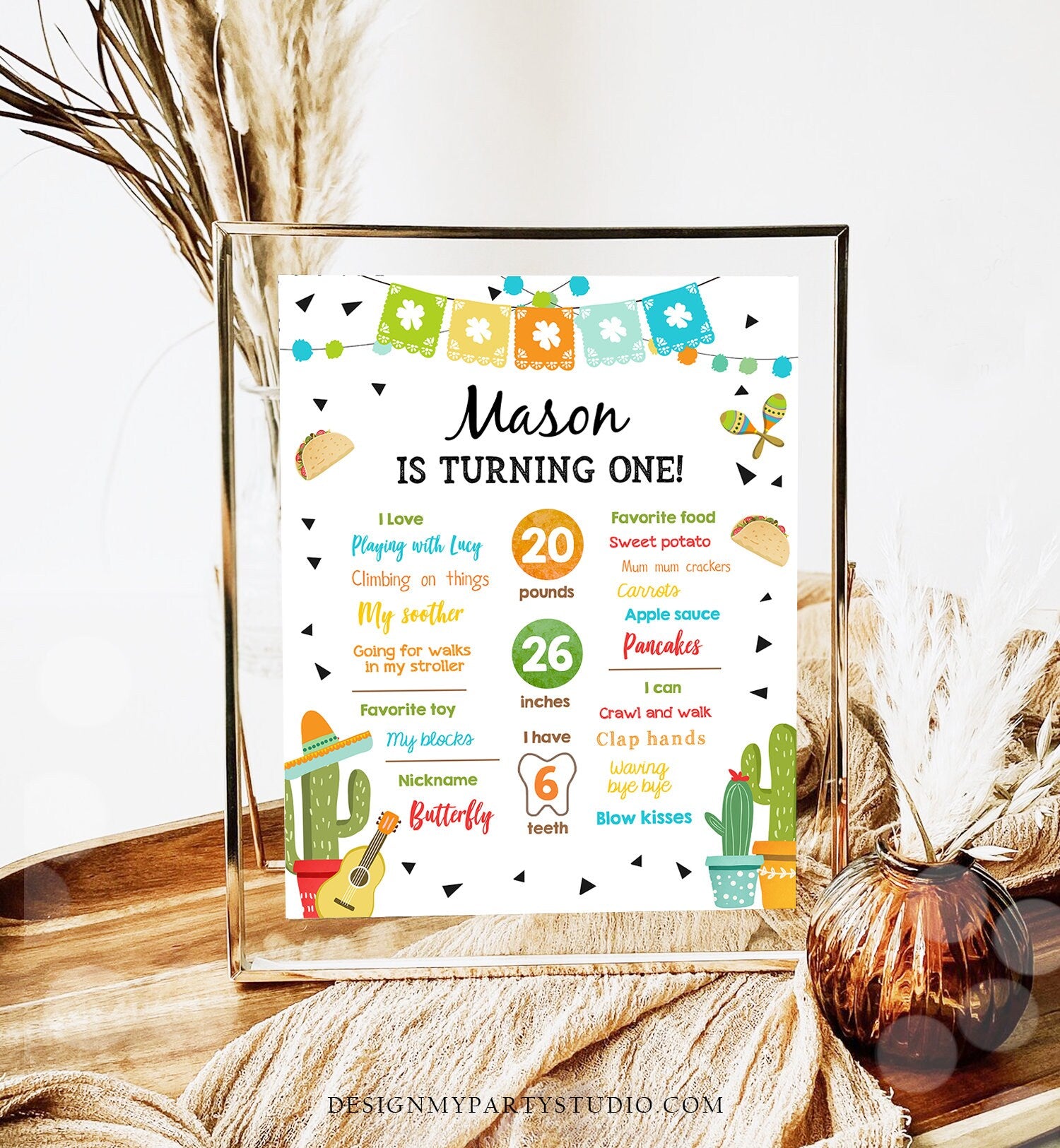 Editable First Fiesta Birthday Milestones Sign Poster 1st Birthday Mexican Cactus Samba Taco Bout Boy Corjl Template Printable 0161