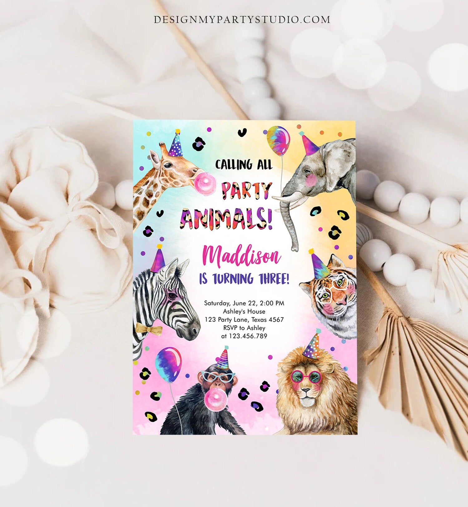Editable Party Animals Birthday Invitation Rainbow Cheetah Animals Zoo Safari Animals Girl Download Printable Invite Template Corjl 0461