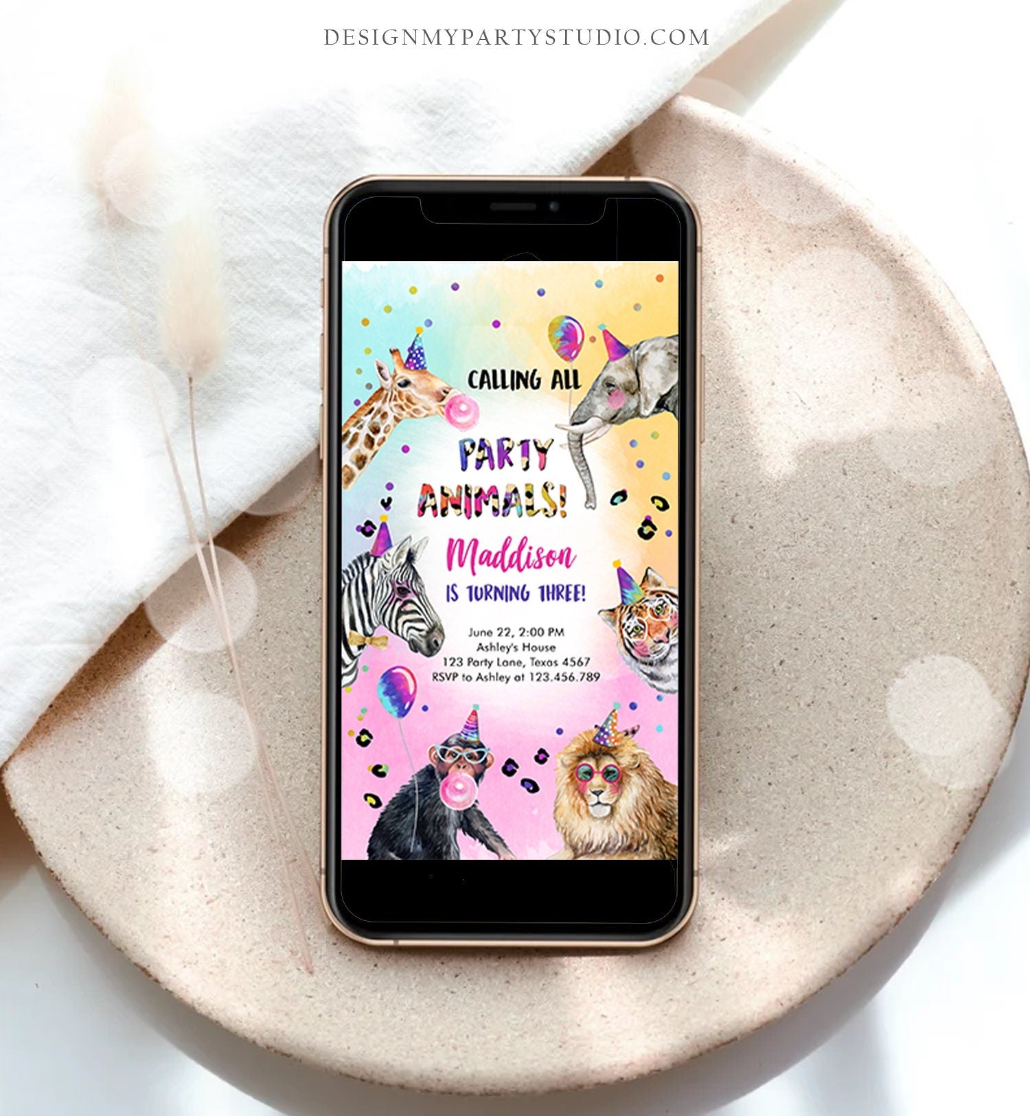 Editable Party Animals Birthday Evite Wild One Animals Invitation Zoo Safari Animals Girl Digital Download Evite Template 0461