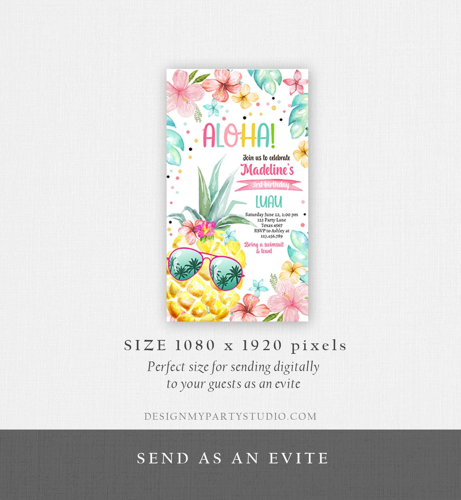 Editable Hawaiian Luau Birthday Evite Pineapple Birthday Party Pool Party Pink Girl Invitation Phone Download Corjl Template Printable 0391
