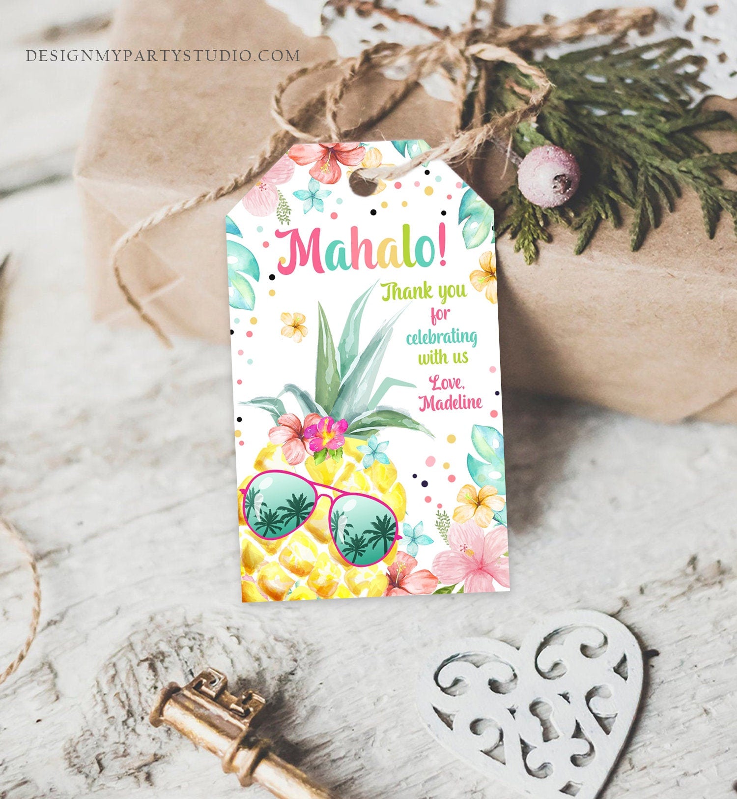 Editable Tropical Aloha Hawaiian Favor Tag Luau Birthday Party Pineapple Favor Tag Mahalo Pool Party Girl Digital Template Printable 0391