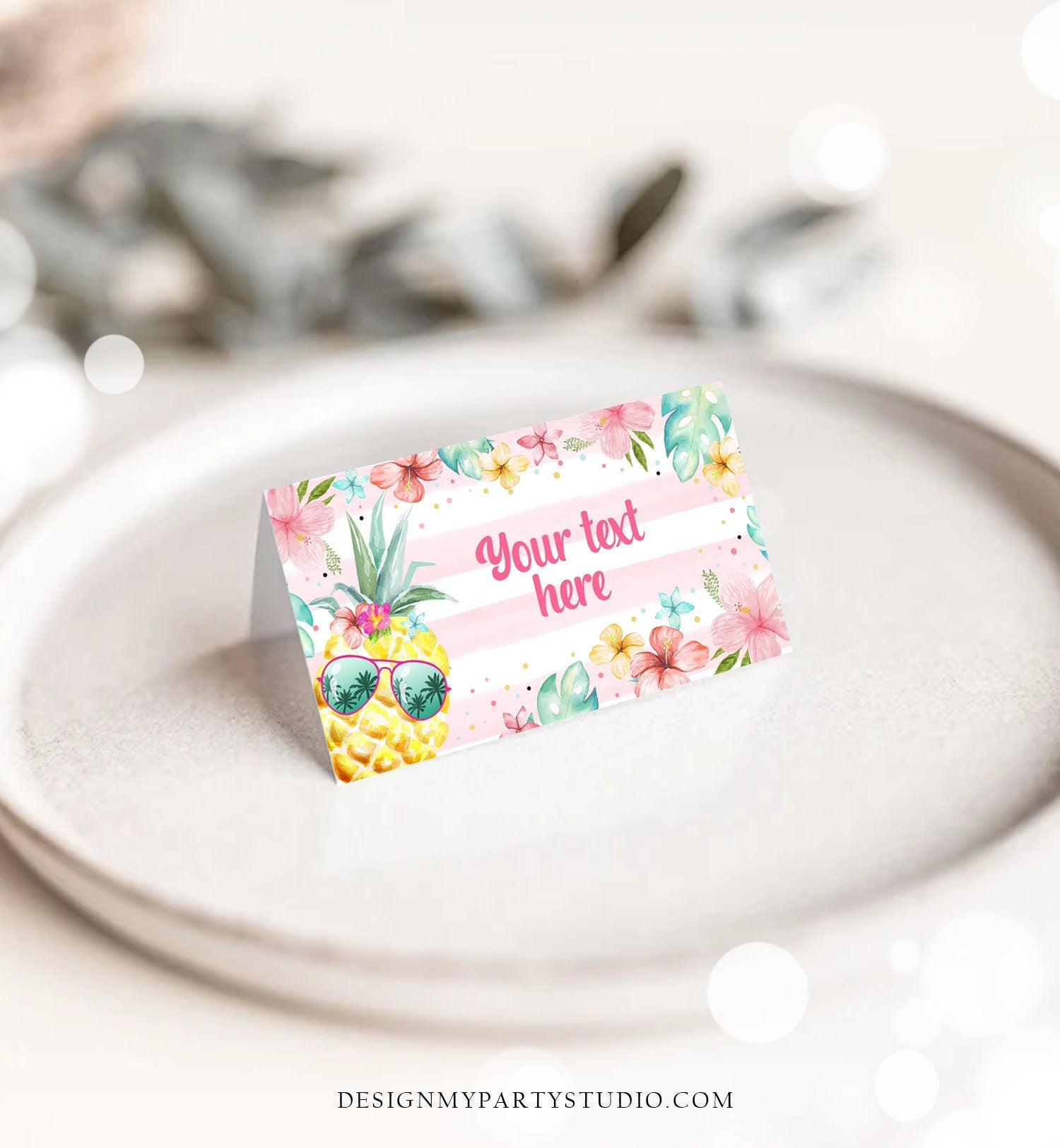 Editable Pineapple Food Labels Luau Birthday Party Food Cards Tent Card Girl Pink Tropical Name Pool Party Hawaiian Template Printable 0391