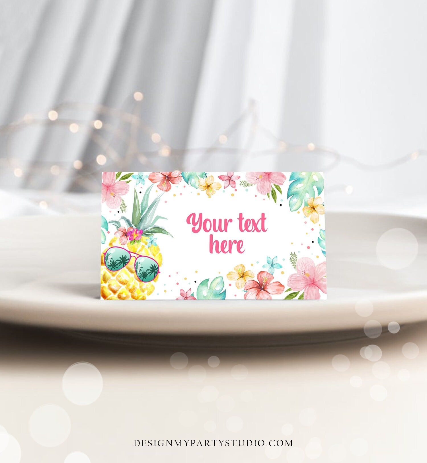 Editable Pineapple Food Label Luau Birthday Party Food Tent Girl Pink Tropical Name Pool Party Hawaiian Digital Template Printable 0391