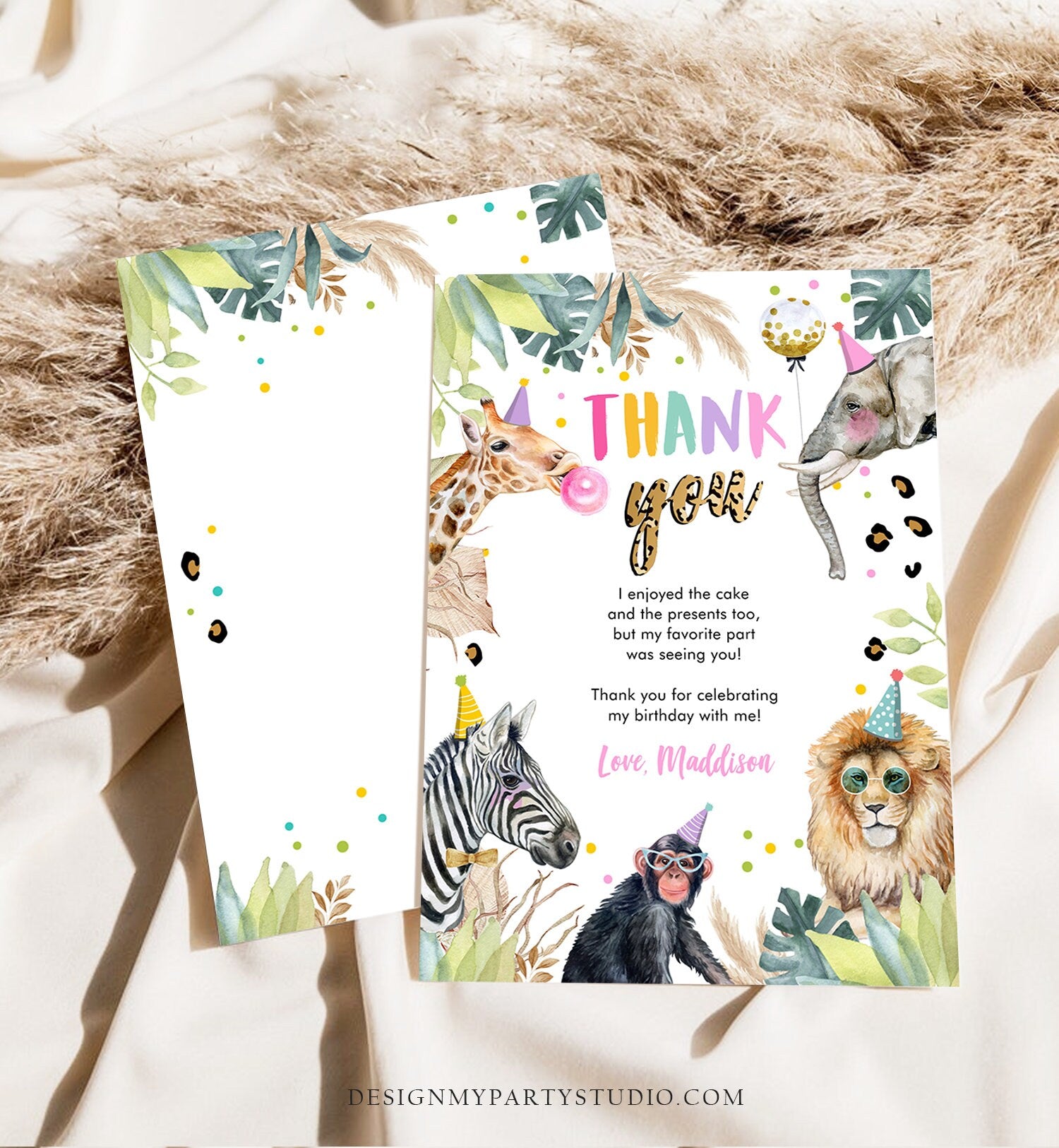 Editable Thank You Card Safari Animals Wild One Two Wild Thank You Note Girl Pink Gold Jungle Zoo Party Animals Corjl Template Digital 0417