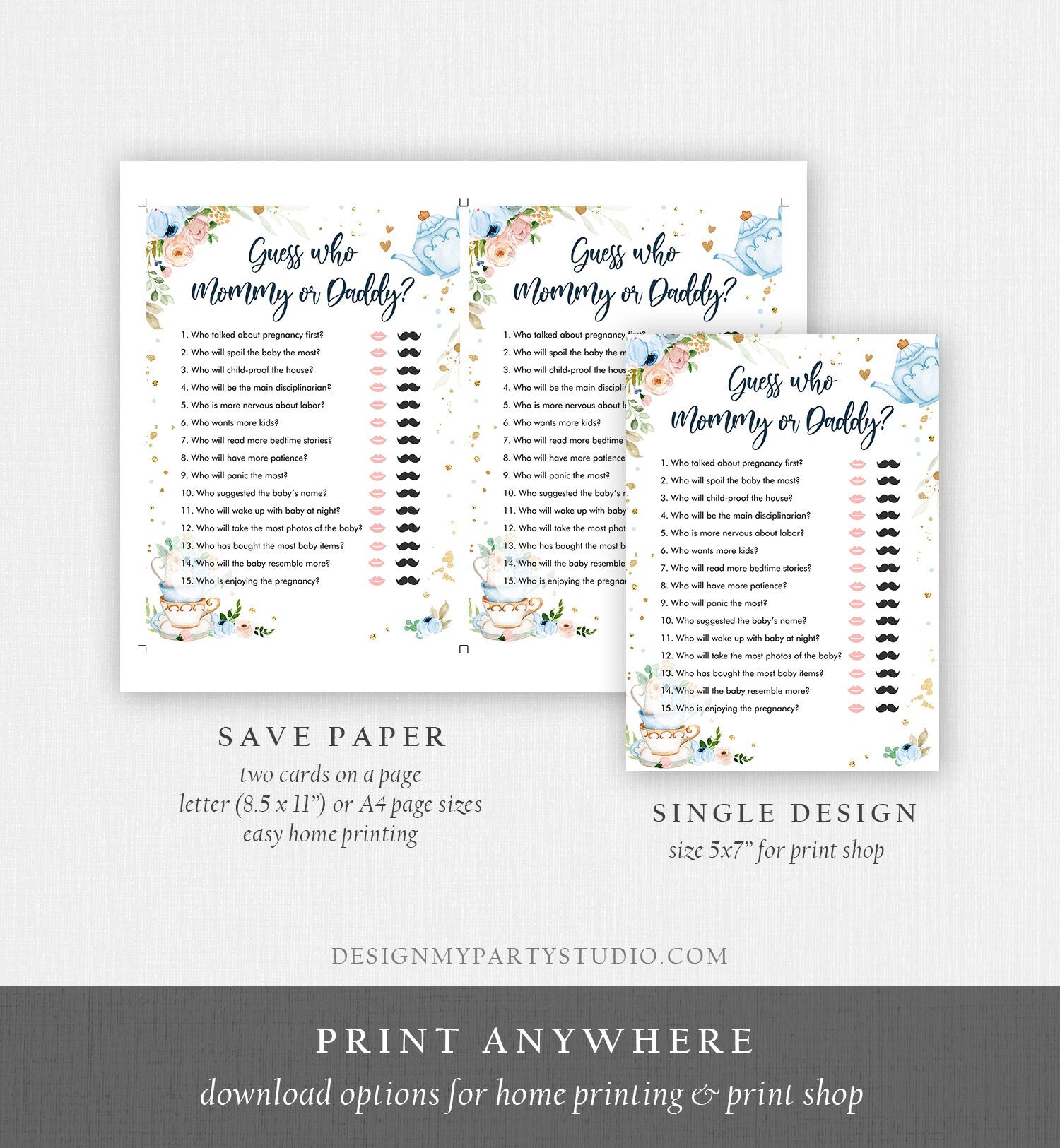 Editable Mommy or Daddy Baby Shower Game Guess Who Mom Dad Tea Party Baby is Brewing Game Shower Activity Digital Template Printable 0349