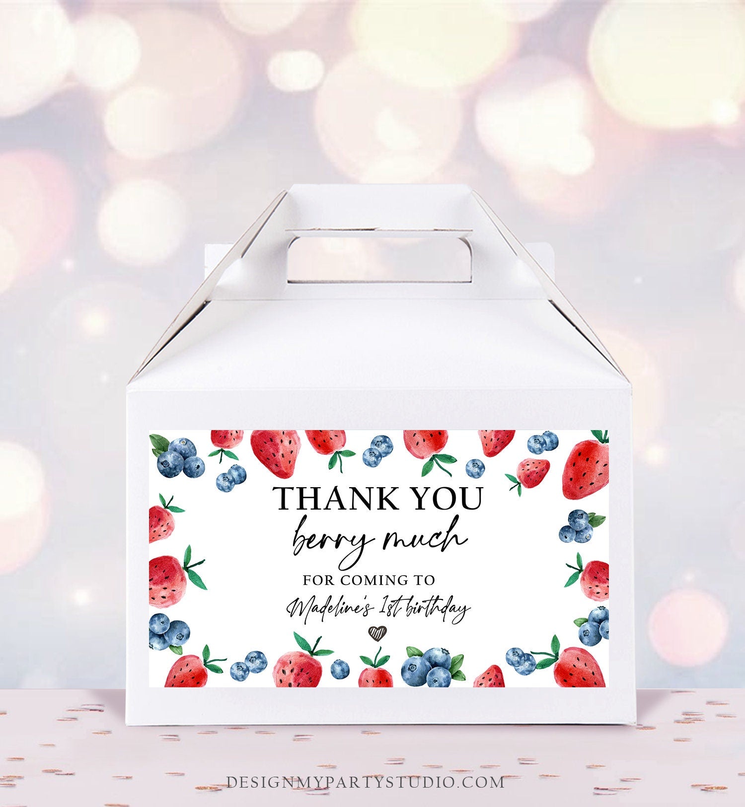 Editable Blueberry Strawberry Gable Gift Box Label 1st Birthday Berry First Favors Treat Box Berry Sweet Digital Download Printable 0399