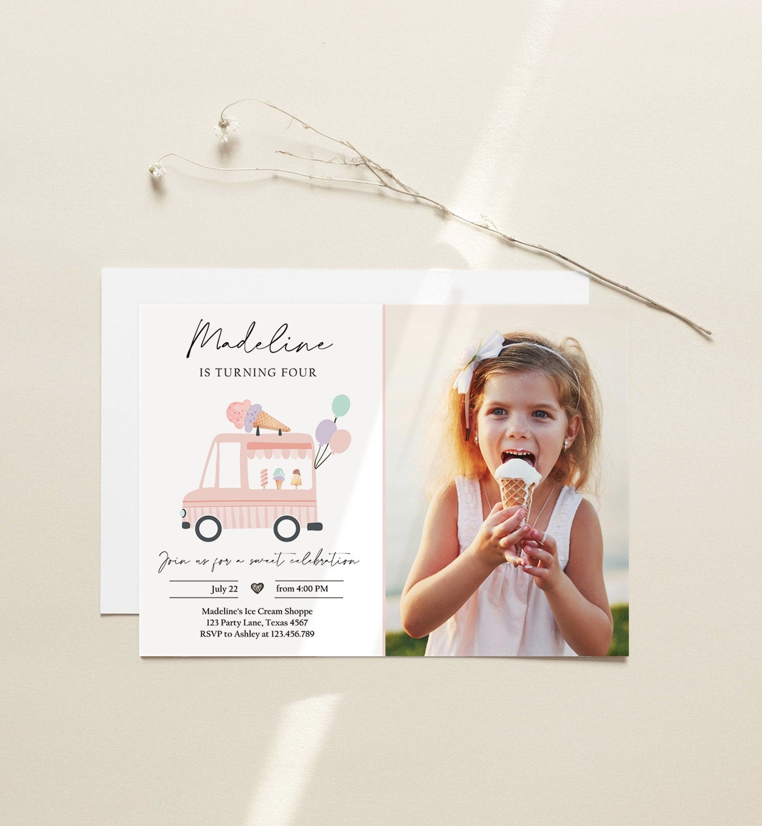 Editable Ice Cream Truck Birthday Invitation Ice Cream Truck Invite Modern Ice Cream Shoppe Van The Scoop Girl Photo Template Printable 0415