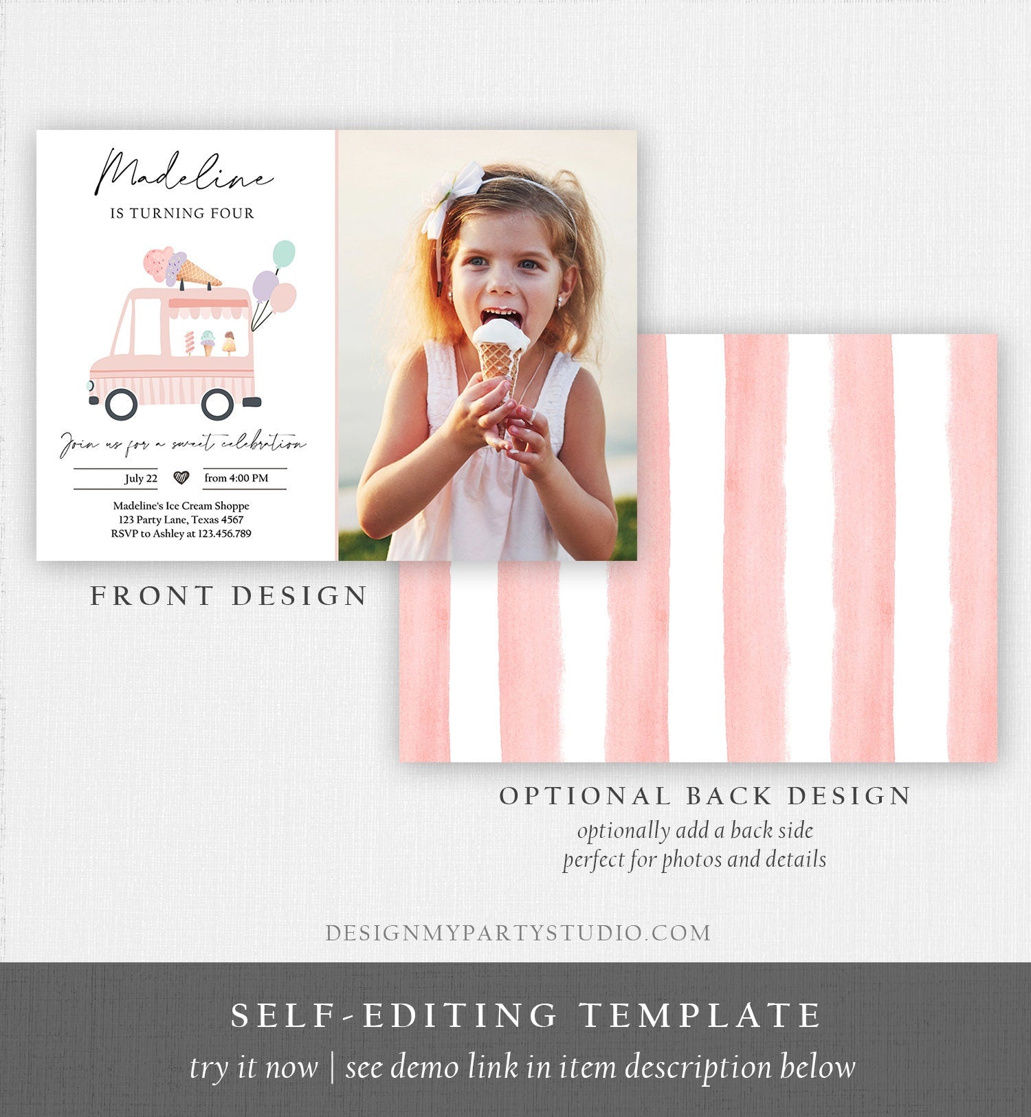 Editable Ice Cream Truck Birthday Invitation Ice Cream Truck Invite Modern Ice Cream Shoppe Van The Scoop Girl Photo Template Printable 0415