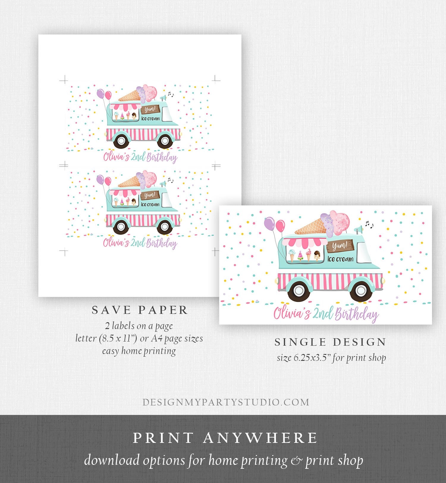 Editable Ice Cream Truck Favor Box Label Gable Gift Box Ice Cream Birthday Sweet One First Girl Treat Box Tag Download Printable Corjl 0243