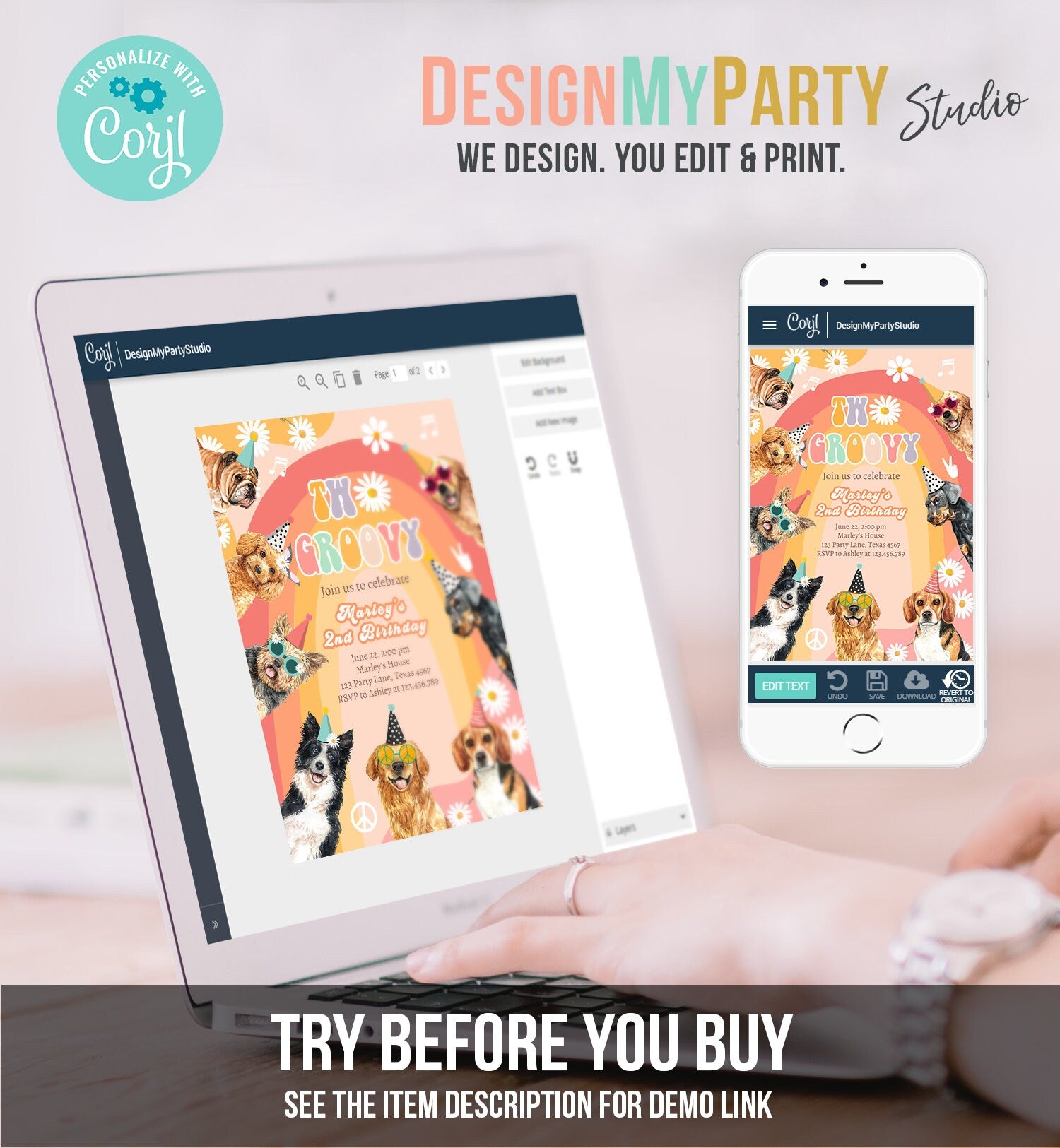 Editable Two Groovy Dog Birthday Party Invitation Retro Puppy 2nd Birthday Girl Doggy Pawty Digital Download Evite Template Printable 0463