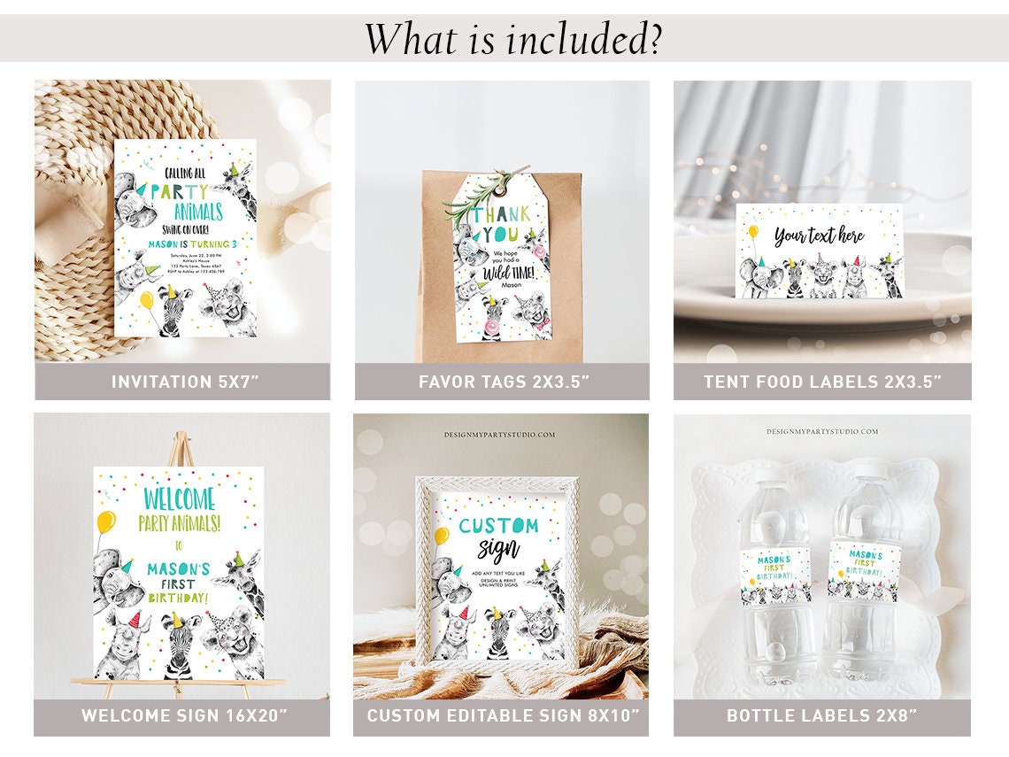 Party Animals Birthday Invitation Bundle Wild One Animals Zoo Safari Animals Boy Two Wild Party Pack Jungle Printable Corjl Template 0390