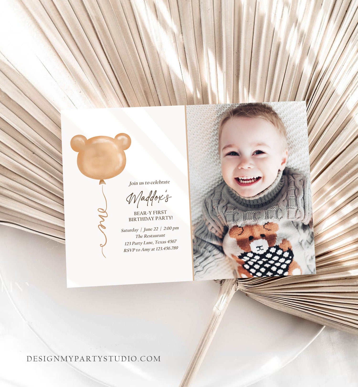 Editable Bear Birthday Invitation Bear Balloon Modern Teddy Bears Picnic Gender Neutral Boho Printable Template Instant Download Corjl 0439