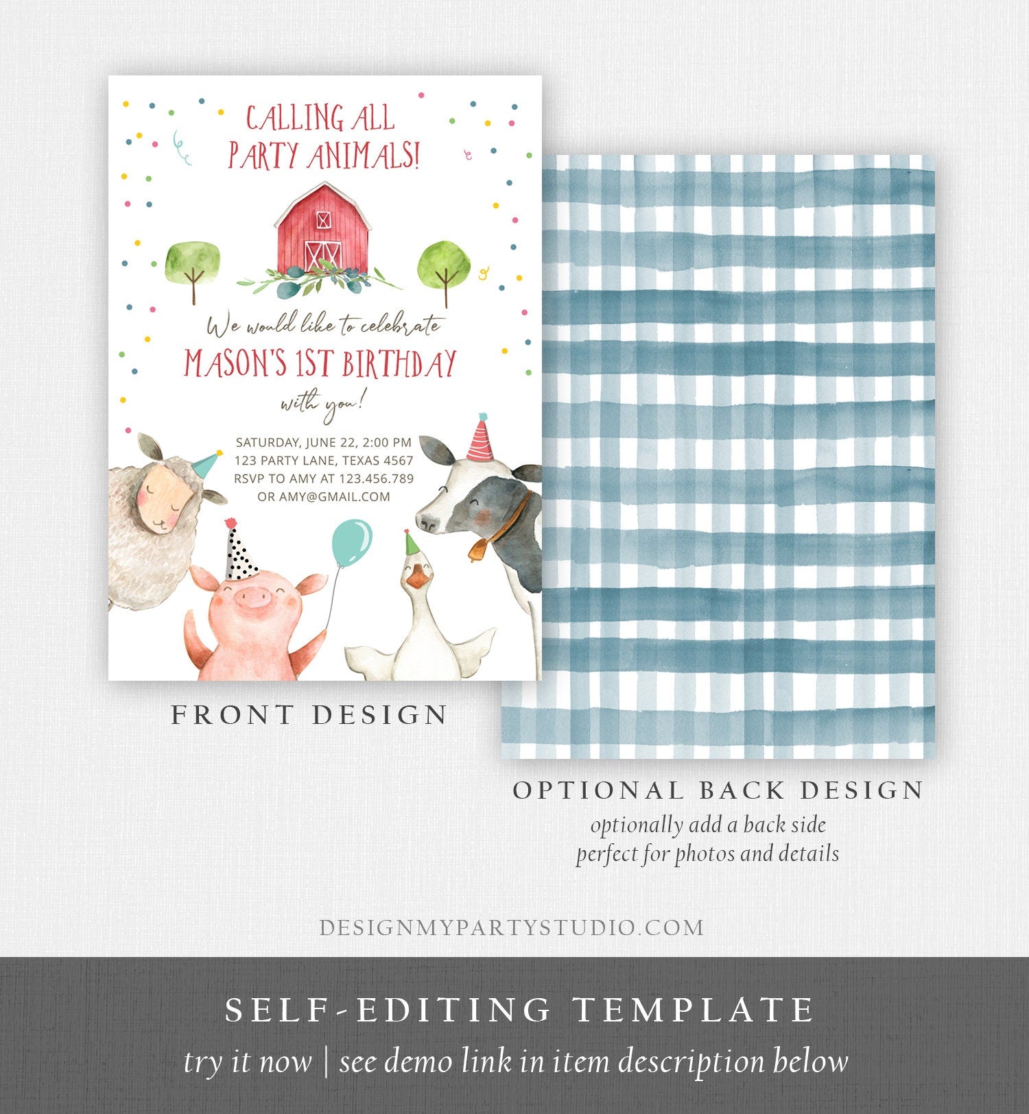 Editable Farm Animals Birthday Invitation Boy Farm Barnyard First Birthday Party Animals Confetti Download Corjl Template Printable 0155