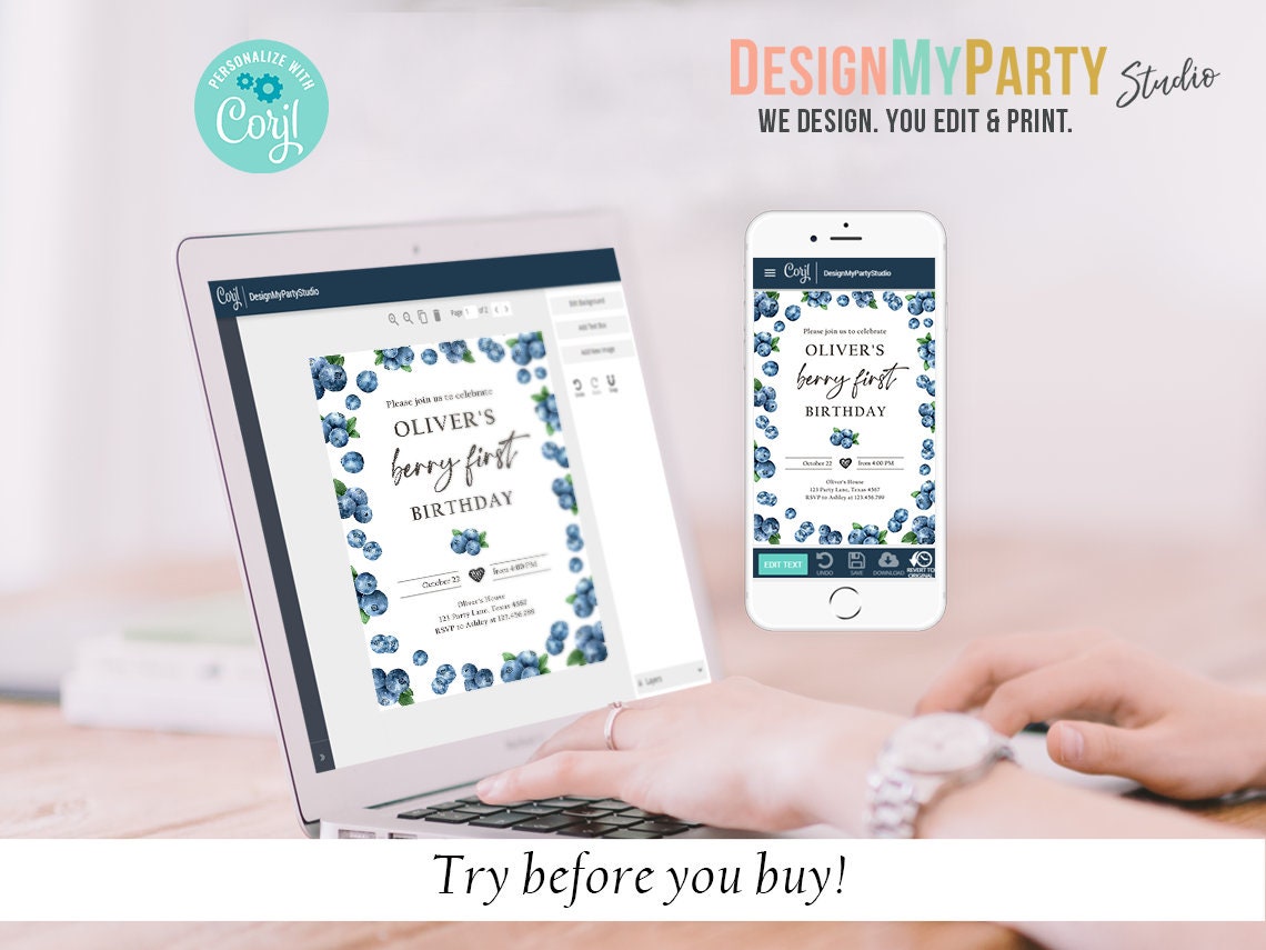 Blueberry Birthday Invitation Bundle Berry First Birthday Berry Sweet Party Pack Boy 1st Package Blueberries Digital Template Printable 0399