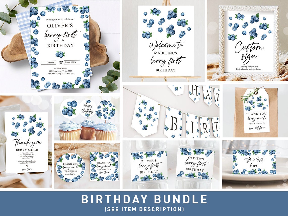 Blueberry Birthday Invitation Bundle Berry First Birthday Berry Sweet Party Pack Boy 1st Package Blueberries Digital Template Printable 0399