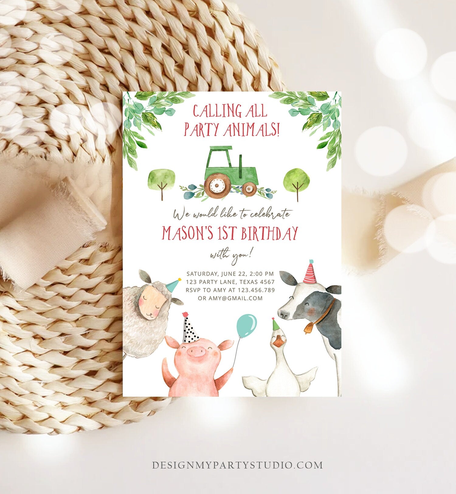 Editable Farm Birthday Invitation Boy Farm Animals Green Tractor Barnyard Barn Birthday Party Animals Digital Corjl Template Printable 0155
