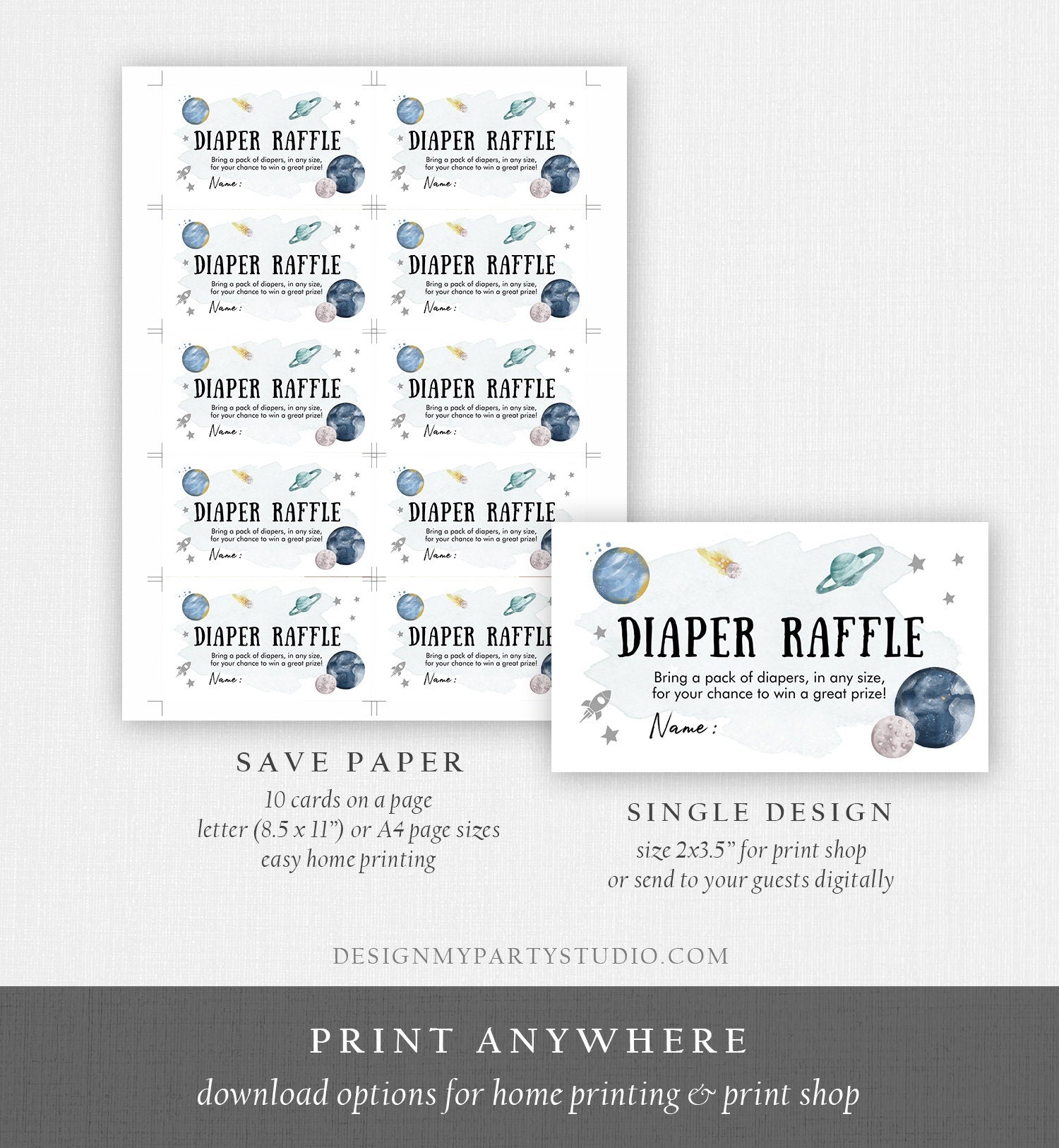 Editable Outer Space Diaper Raffle Ticket Space Baby Shower Planets Galaxy Registry Card Silver Diaper Game Digital Template Printable 0357