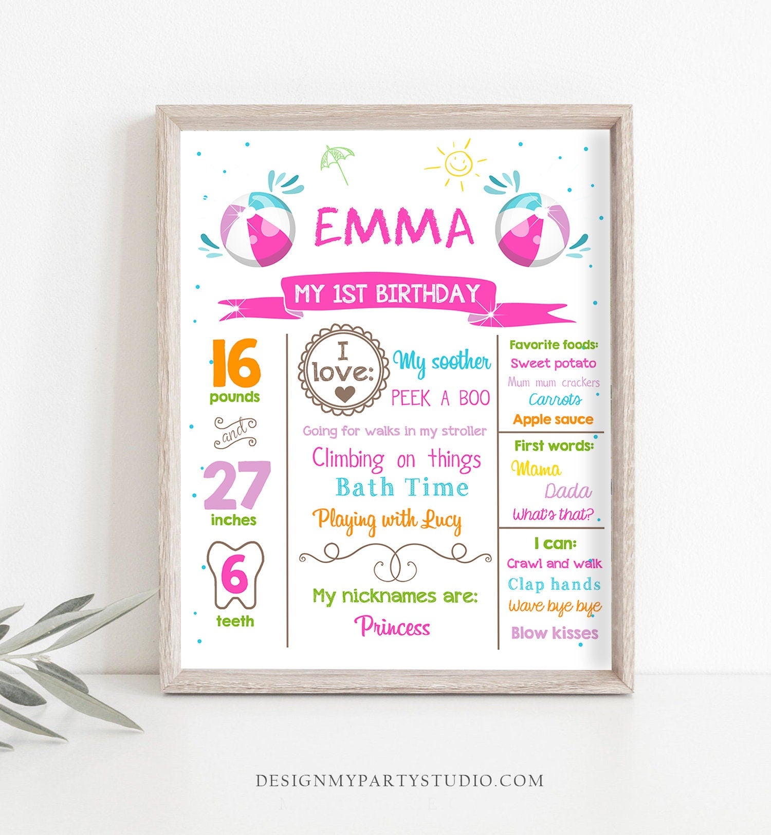Editable Pool Party Birthday Milestone Poster Decor Splish Splash Ball Birthday Girl Pink First 1st Digital Download Template Printable 0169