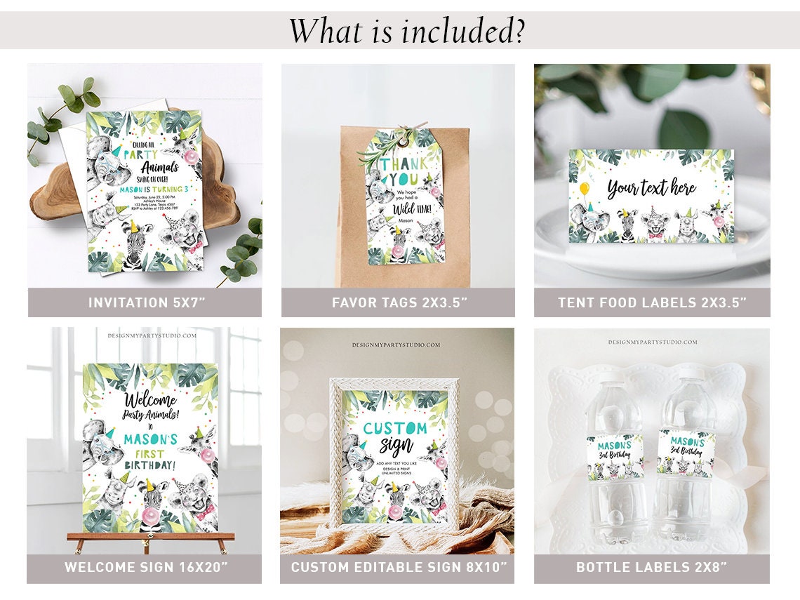 Party Animals Birthday Invitation Bundle Wild One Animals Zoo Safari Animals Boy Two Wild Party Pack Jungle Printable Corjl Template 0322