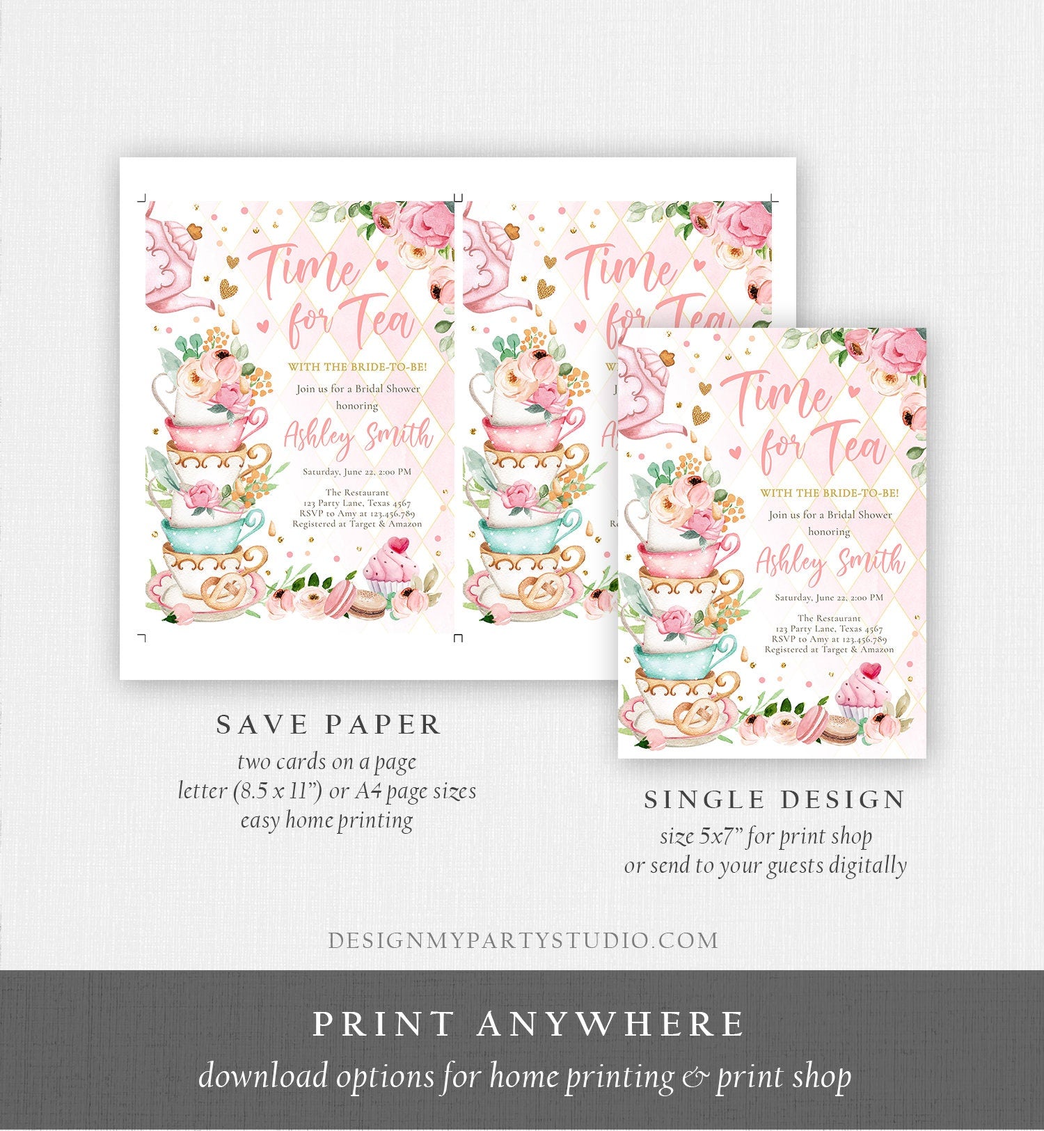 Editable Time For Tea Bridal Shower Invitation Tea Party Wedding Shower Floral Pink Gold Blush Love is Brewing Evite Template Printable 0349