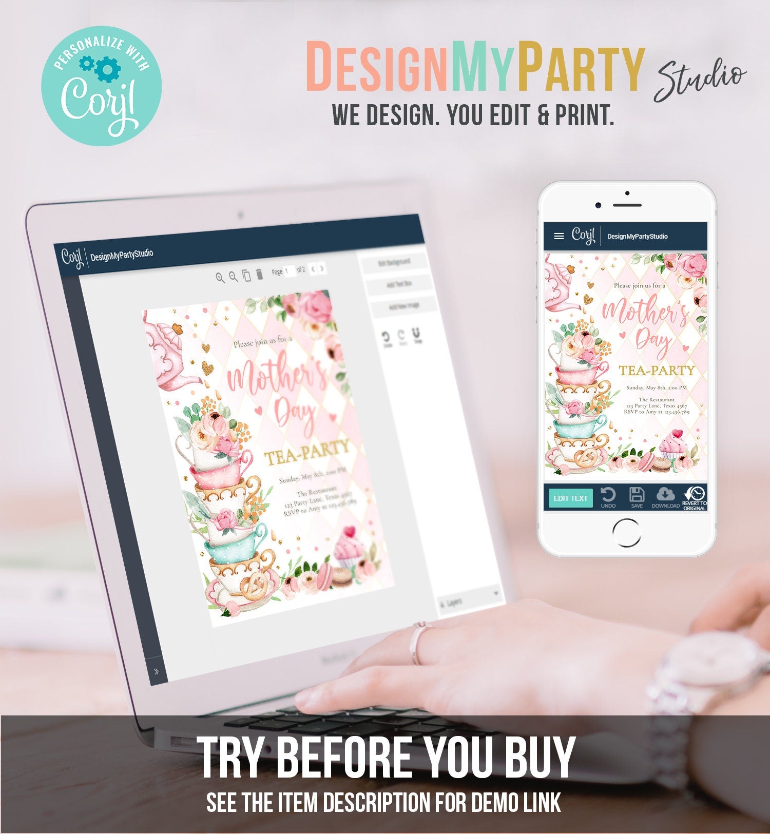 Editable Mothers Day Tea Party Invitation Tea Party Mother's Day Brunch Invite Mommy and Me Pink Floral Gold Corjl Template Printable 0349