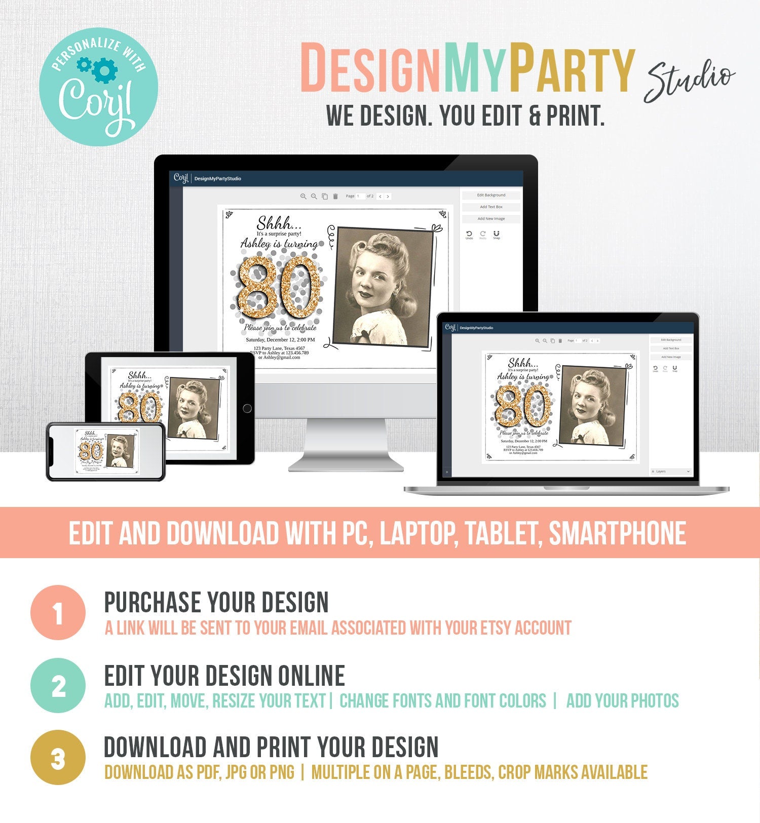 Editable ANY AGE Surprise Birthday Invitation Adult 80th Party Rustic Chalk Black Gold Glitter Photo Download Corjl Template Printable 0103