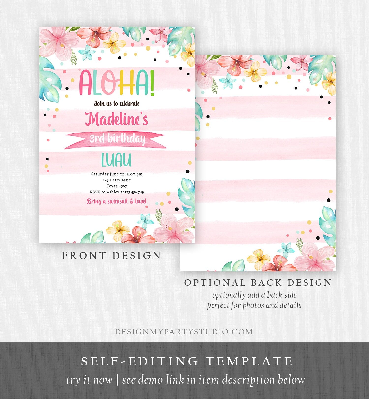 Editable Hawaiian Luau Birthday Invitation Pineapple Birthday Party Pool Party Pineapple Pink Girl Download Corjl Template Printable 0391