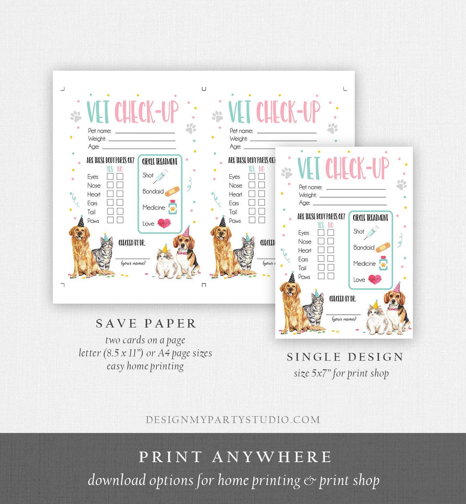 Vet Check Up Exam Sheet Pet Check-Up Dog Cat Birthday Party Puppy Kitten Vet Hospital Adoption Adopt a Pet Girl Download Printable 0384