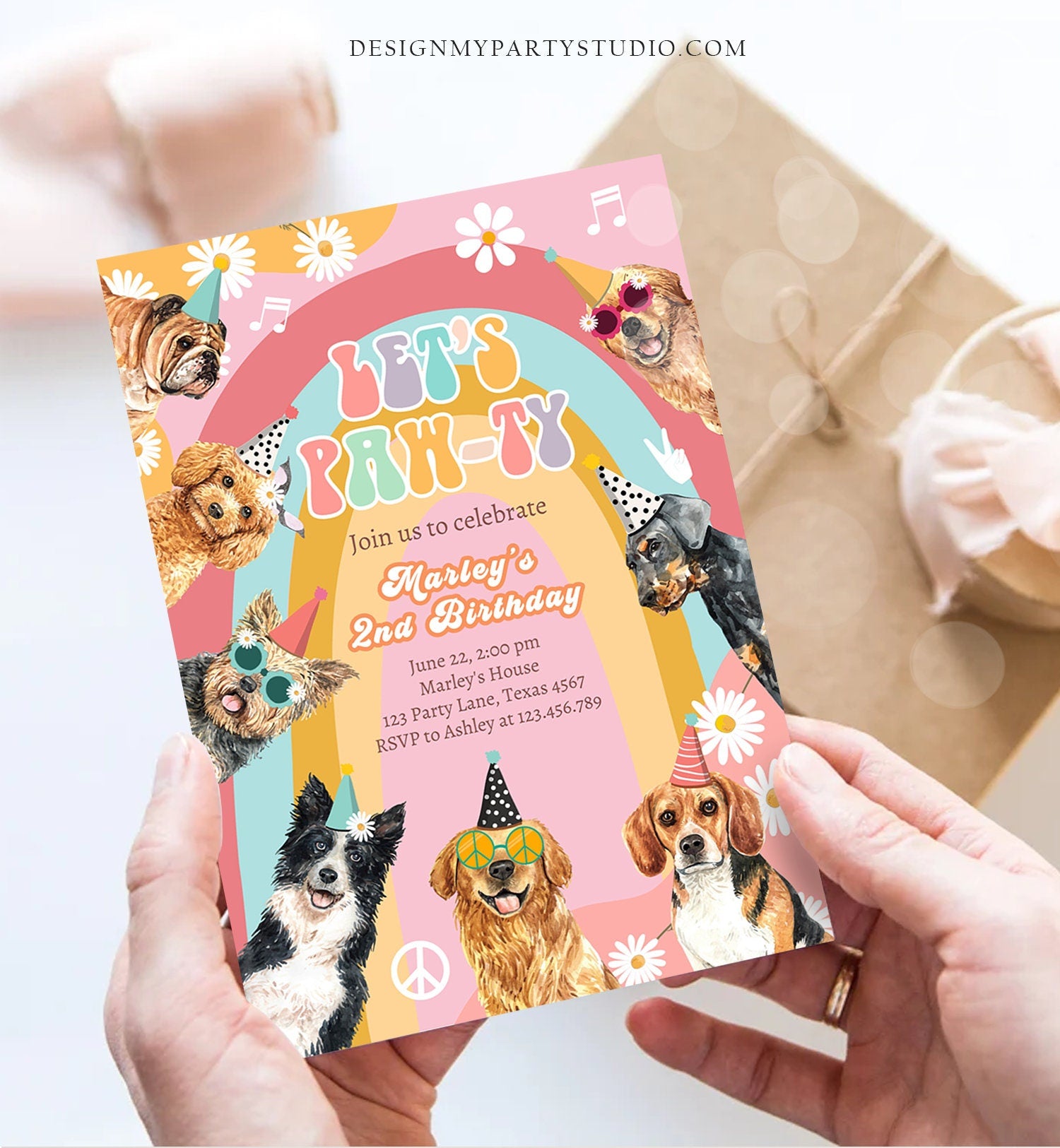 Editable Groovy Dog Birthday Party Invitation Retro Groovy Puppy Girl Doggy Daisy Lets Pawty Digital Download Evite Template Printable 0463