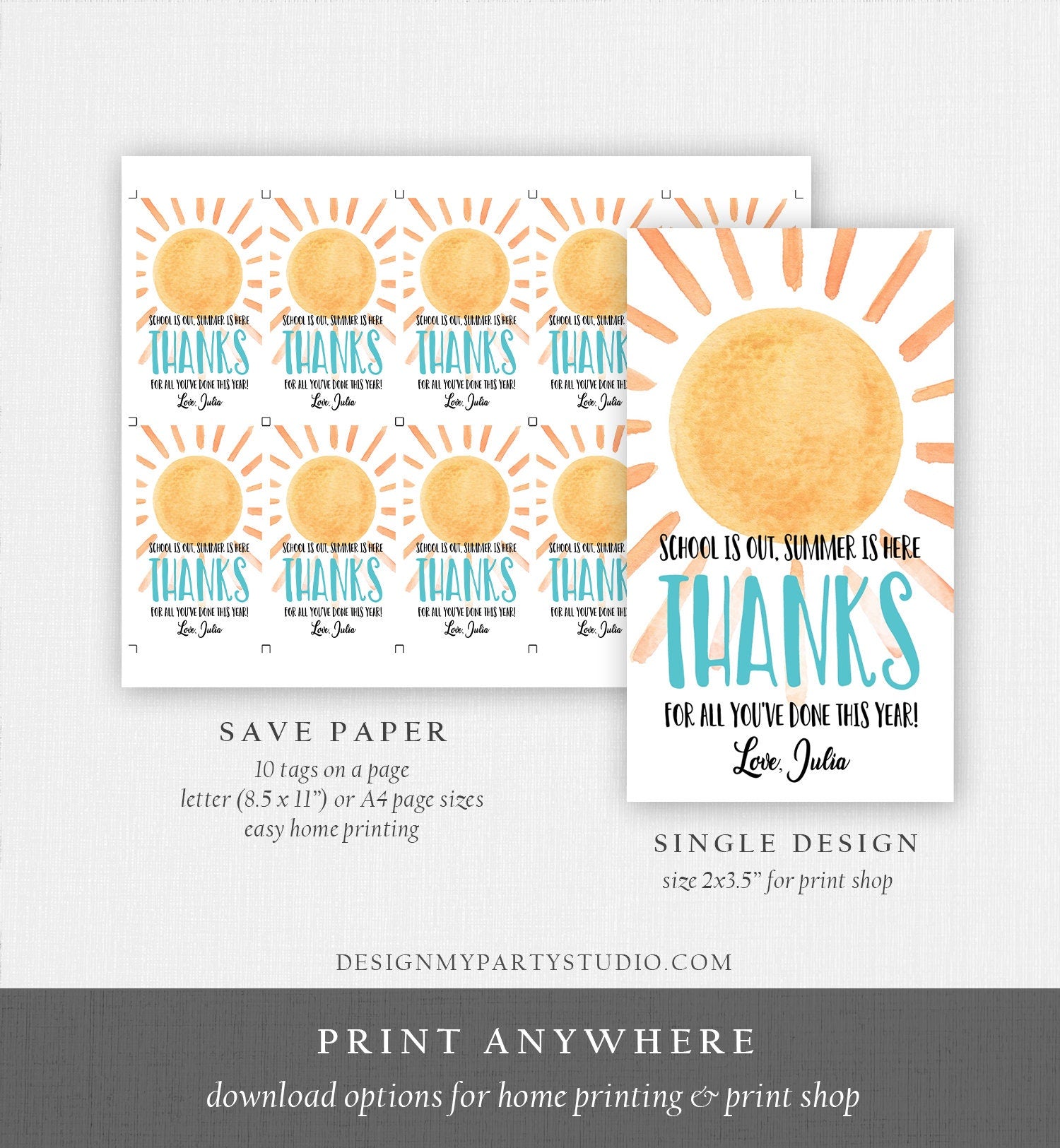 Editable Teacher Appreciation Gift Tags Sunshine Thank You Tag Schools Out Summer End of Year Tag Boy Digital Template Printable 0141 0464