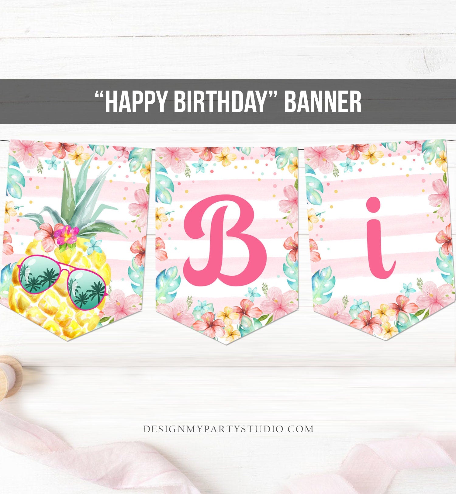 Pineapple Happy Birthday Banner Aloha Tropical Pink Hawaiian Birthday Luau Party Hawaii 1st Birthday Girl Instant Download Printable 0391