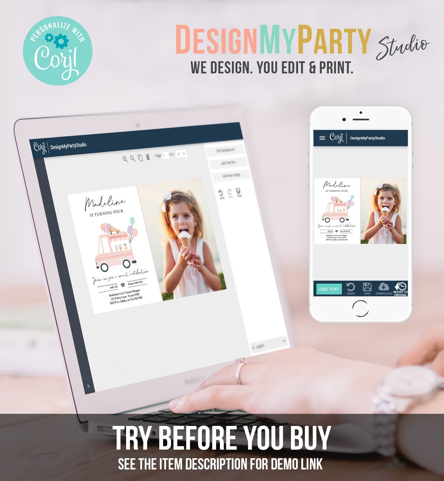 Editable Ice Cream Truck Birthday Invitation Ice Cream Truck Invite Modern Ice Cream Shoppe Van The Scoop Girl Photo Template Printable 0415