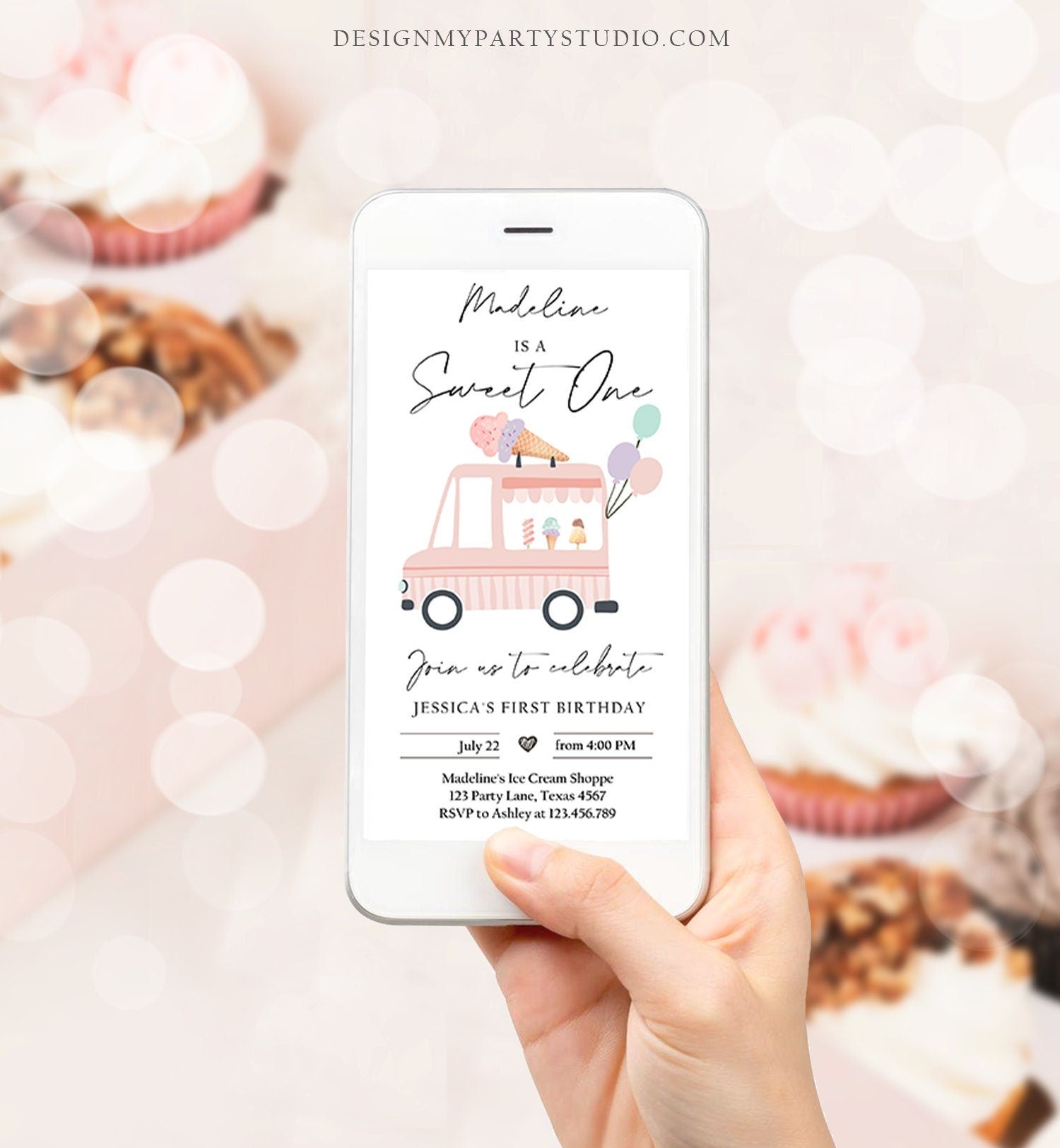 Editable Ice Cream Truck 1st Birthday Evite Sweet One First Invite Modern Ice Cream Shoppe Van The Scoop Phone Digital Template Corjl 0415