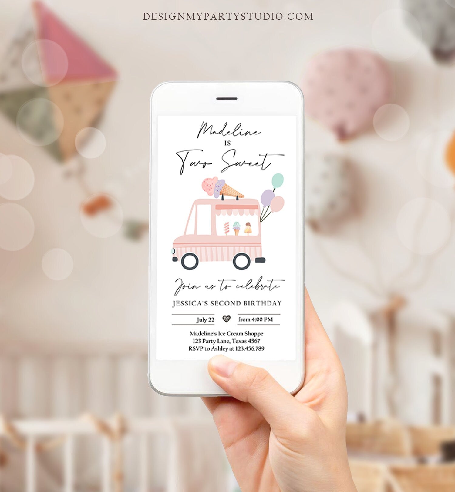 Editable Ice Cream Truck Birthday Evite Two Sweet 2nd Birthday Invite Modern Second Here's The Scoop Girl Phone Digital Template Corjl 0415