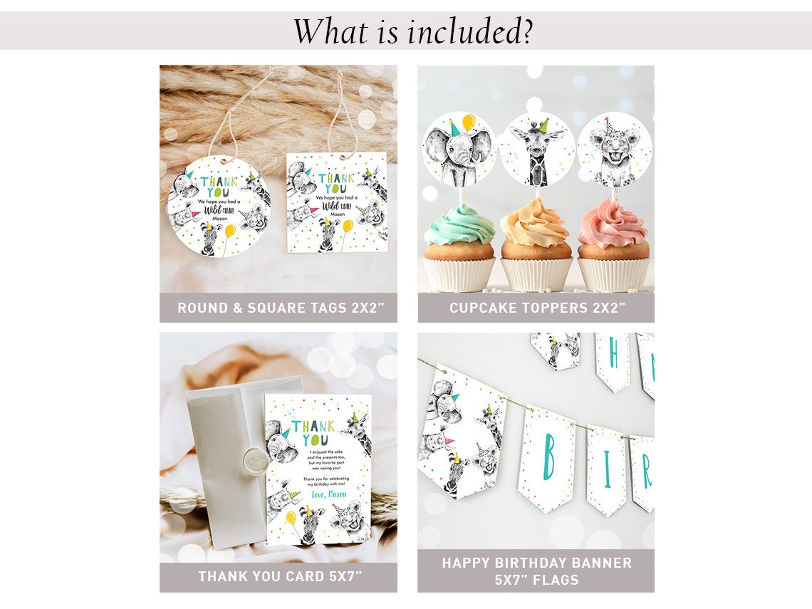 Party Animals Birthday Invitation Bundle Wild One Animals Zoo Safari Animals Boy Two Wild Party Pack Jungle Printable Corjl Template 0390