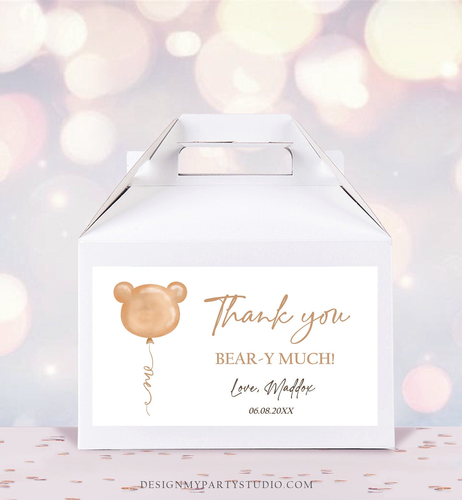 Editable Teddy Bear Gable Box Favor Label Bear 1st Birthday Favor Box Label Boy Bear-y First Modern Digital Download Printable Corjl 0439