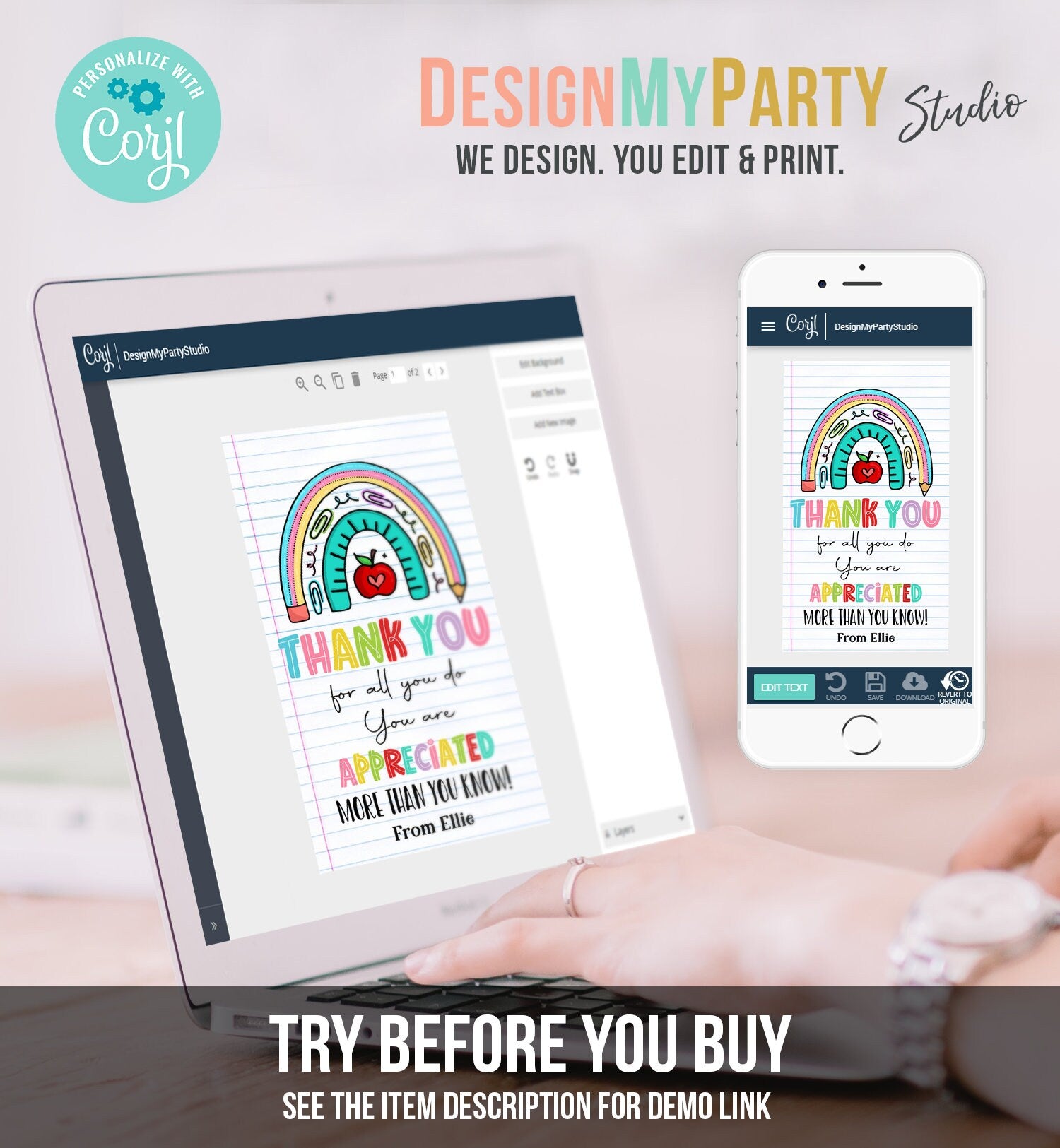 Editable Teacher Appreciation Tags Teacher Tag Thank You Gift End of School Year Appreciation Week Rainbow Digital Template Printable 0464