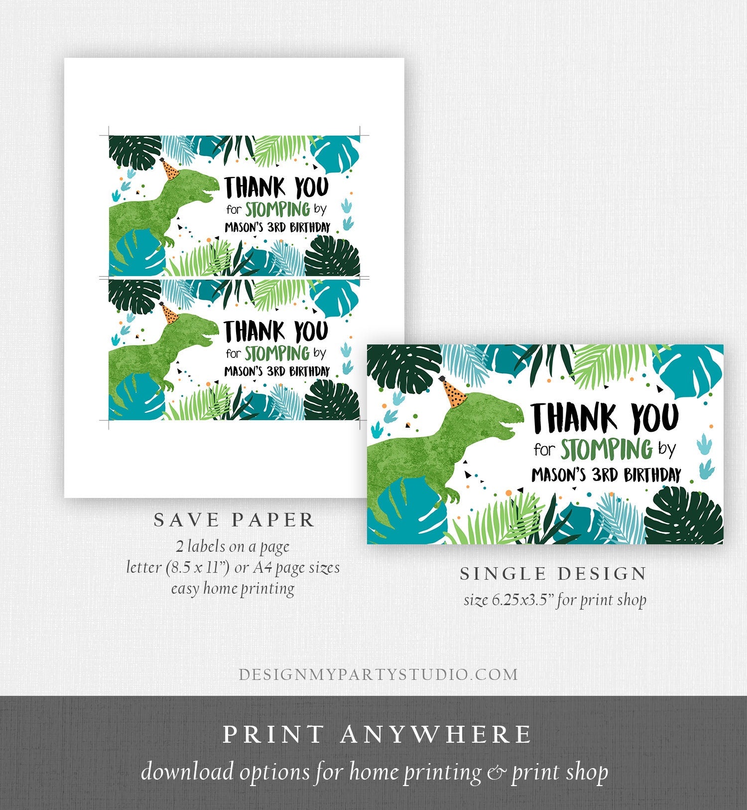 Editable Dinosaur Gable Gift Box Labels Dinosaur Party Favors Dino Birthday Boy Dino Stomping By Blue T-Rex Digital Template Printable 0389