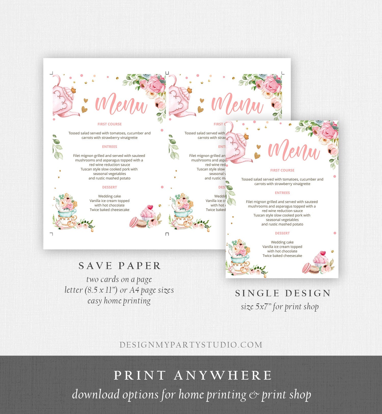 Editable Floral Tea Menu Card Tea Birthday Pink Gold Confetti Floral Baby Shower Baby is Brewing Digital Download Template Printable 0349