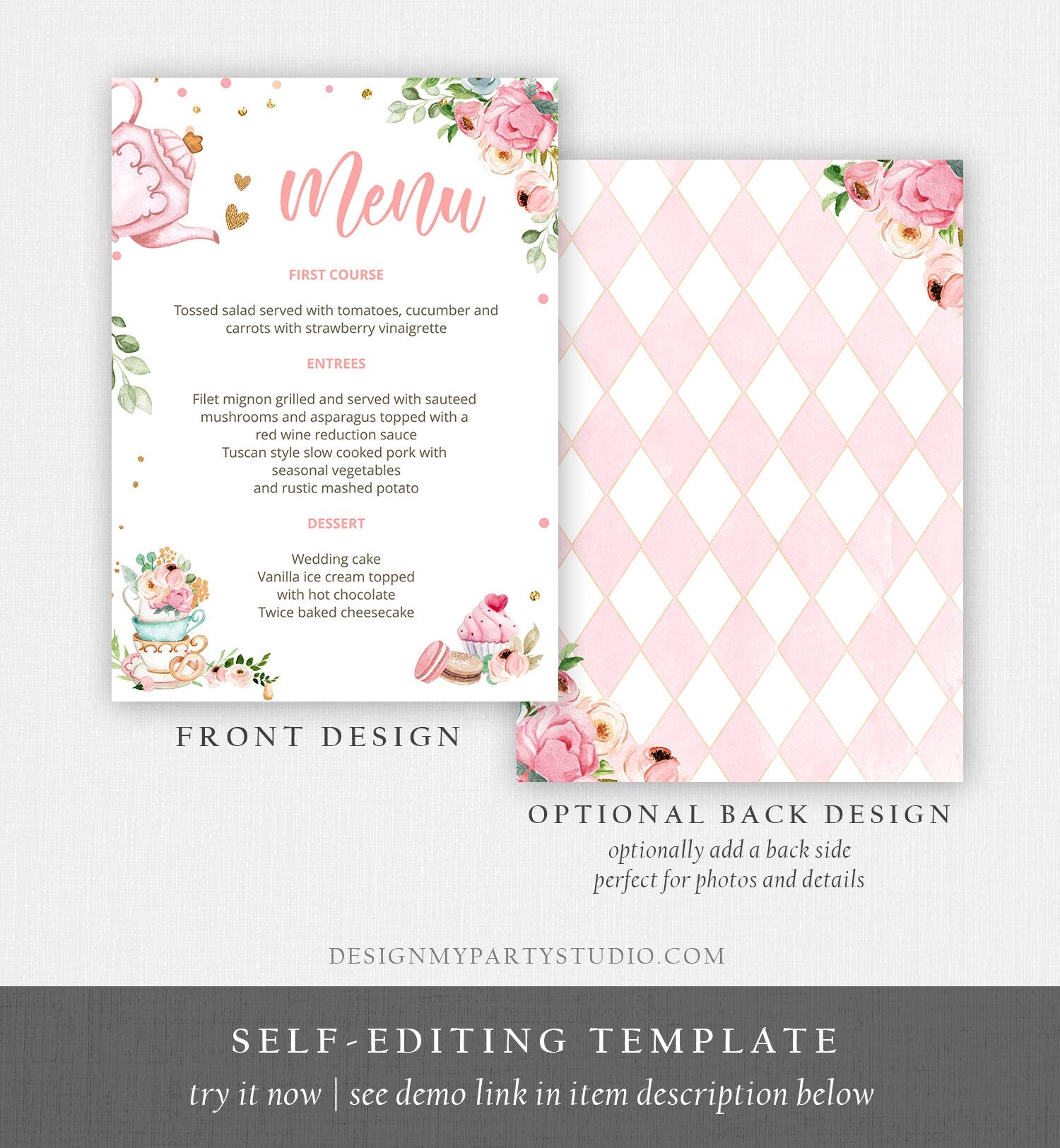 Editable Floral Tea Menu Card Tea Birthday Pink Gold Confetti Floral Baby Shower Baby is Brewing Digital Download Template Printable 0349