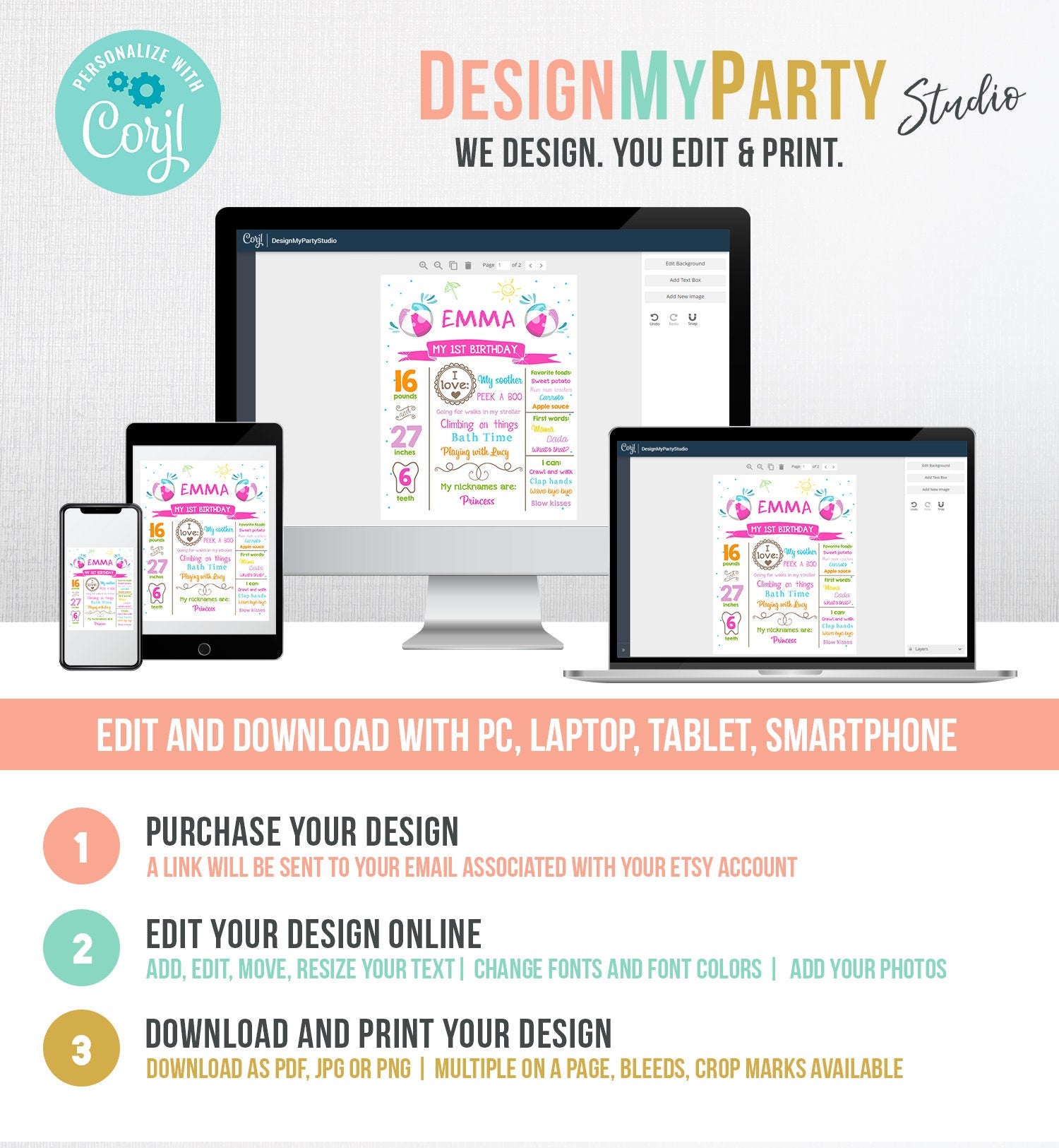 Editable Pool Party Birthday Milestone Poster Decor Splish Splash Ball Birthday Girl Pink First 1st Digital Download Template Printable 0169