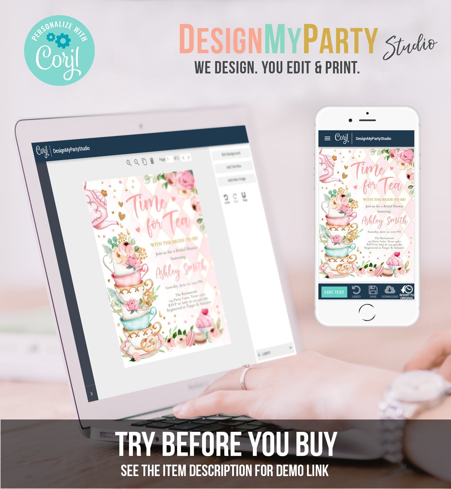 Editable Time For Tea Bridal Shower Invitation Tea Party Wedding Shower Floral Pink Gold Blush Love is Brewing Evite Template Printable 0349