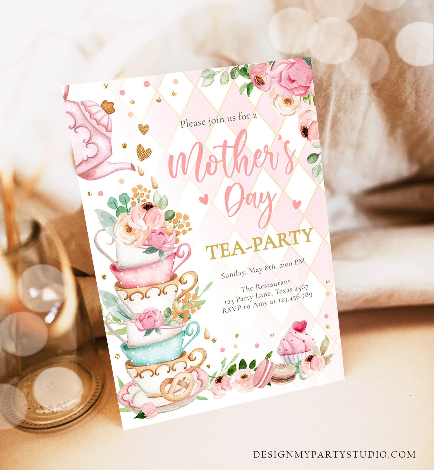 Editable Mothers Day Tea Party Invitation Tea Party Mother's Day Brunch Invite Mommy and Me Pink Floral Gold Corjl Template Printable 0349