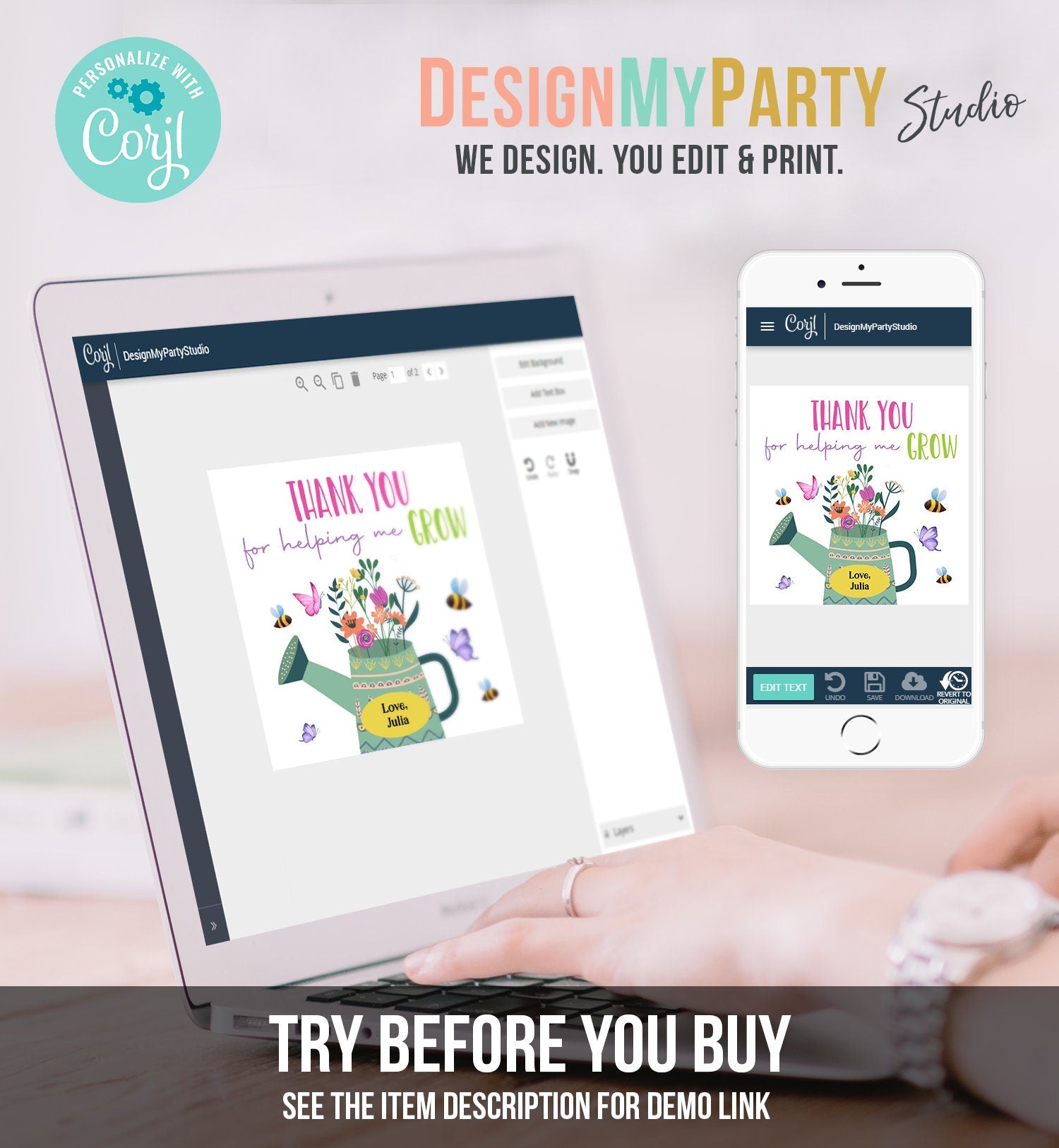Editable Teacher Appreciation Tags Thank You for Helping me Grow Succulent Thank You Cactus Plant Tag Digital Template Printable 0464