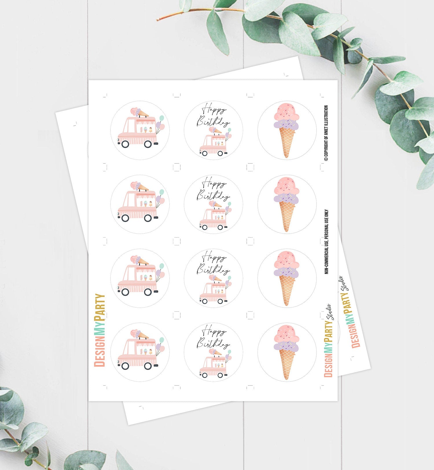 Ice Cream Truck Cupcake Toppers Favor Tags Ice Cream Birthday Party Decoration Pink Mint Girl Summer Scoop Download Digital PRINTABLE 0415