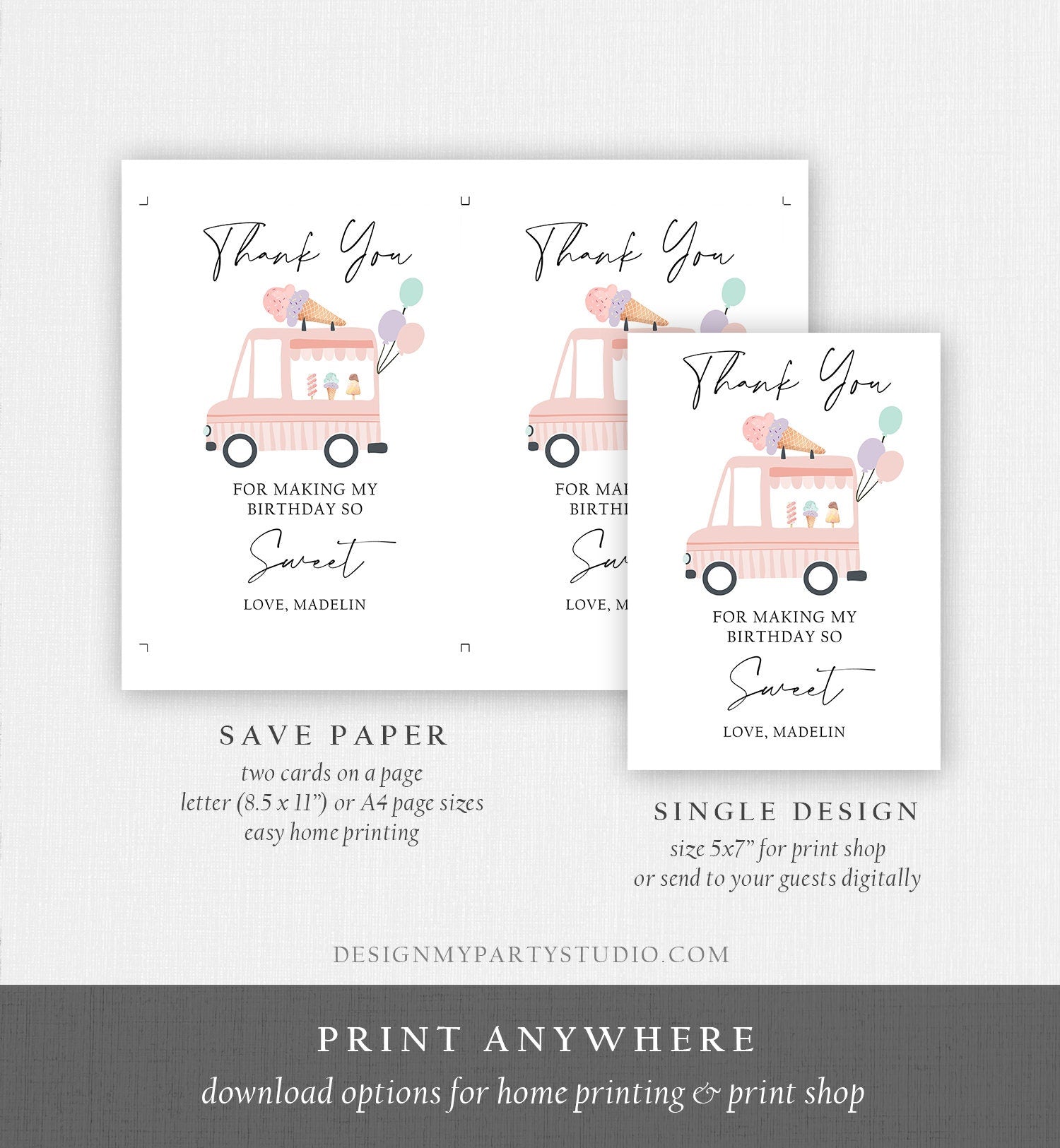 Editable Ice Cream Truck Thank You Card Ice Cream Birthday Thank You Note Girl Birthday Summer Digital Download Template Printable 0415