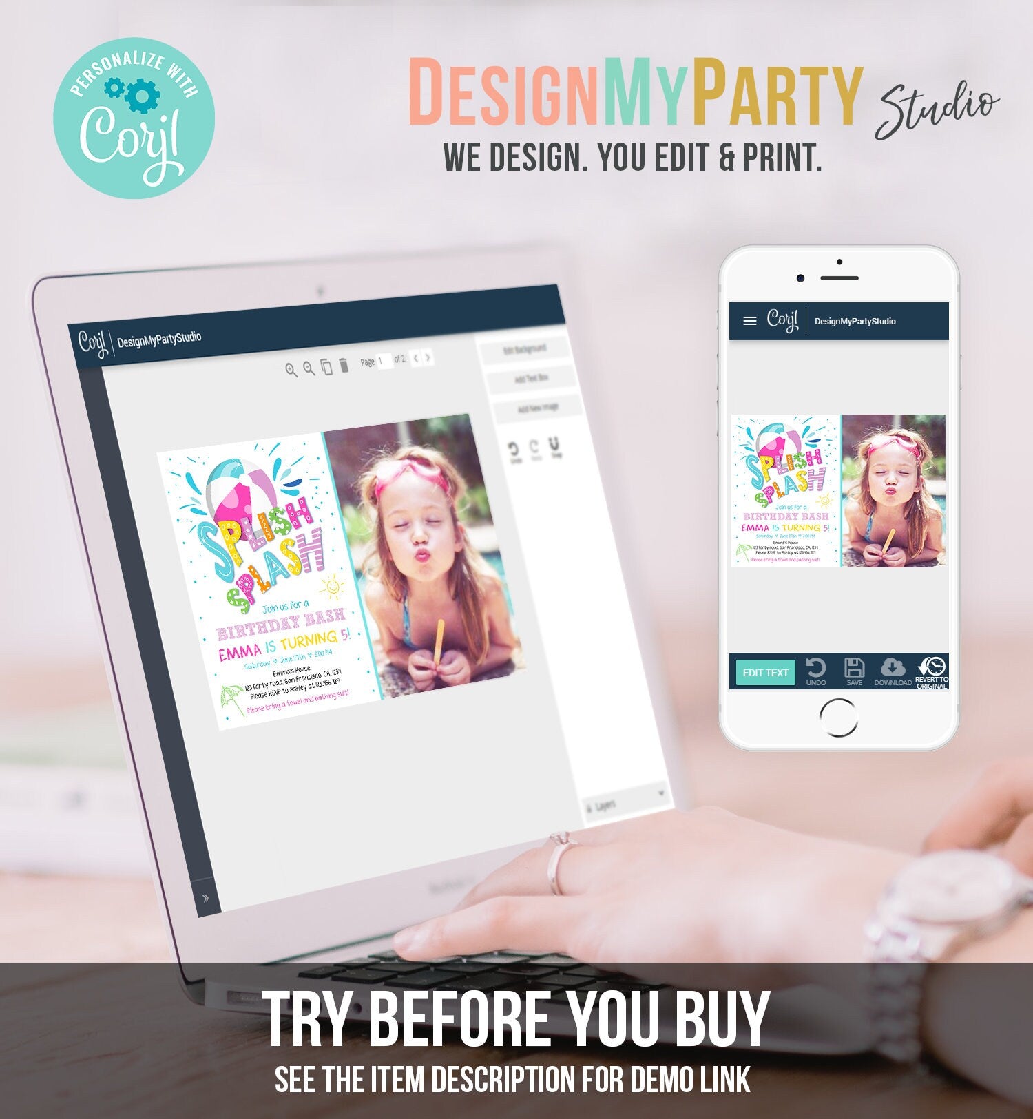 Editable Splish Splash Birthday Invitation Pool Party Beach Ball Pink Girl Birthday Bash Download Printable Invite Template Corjl 0169