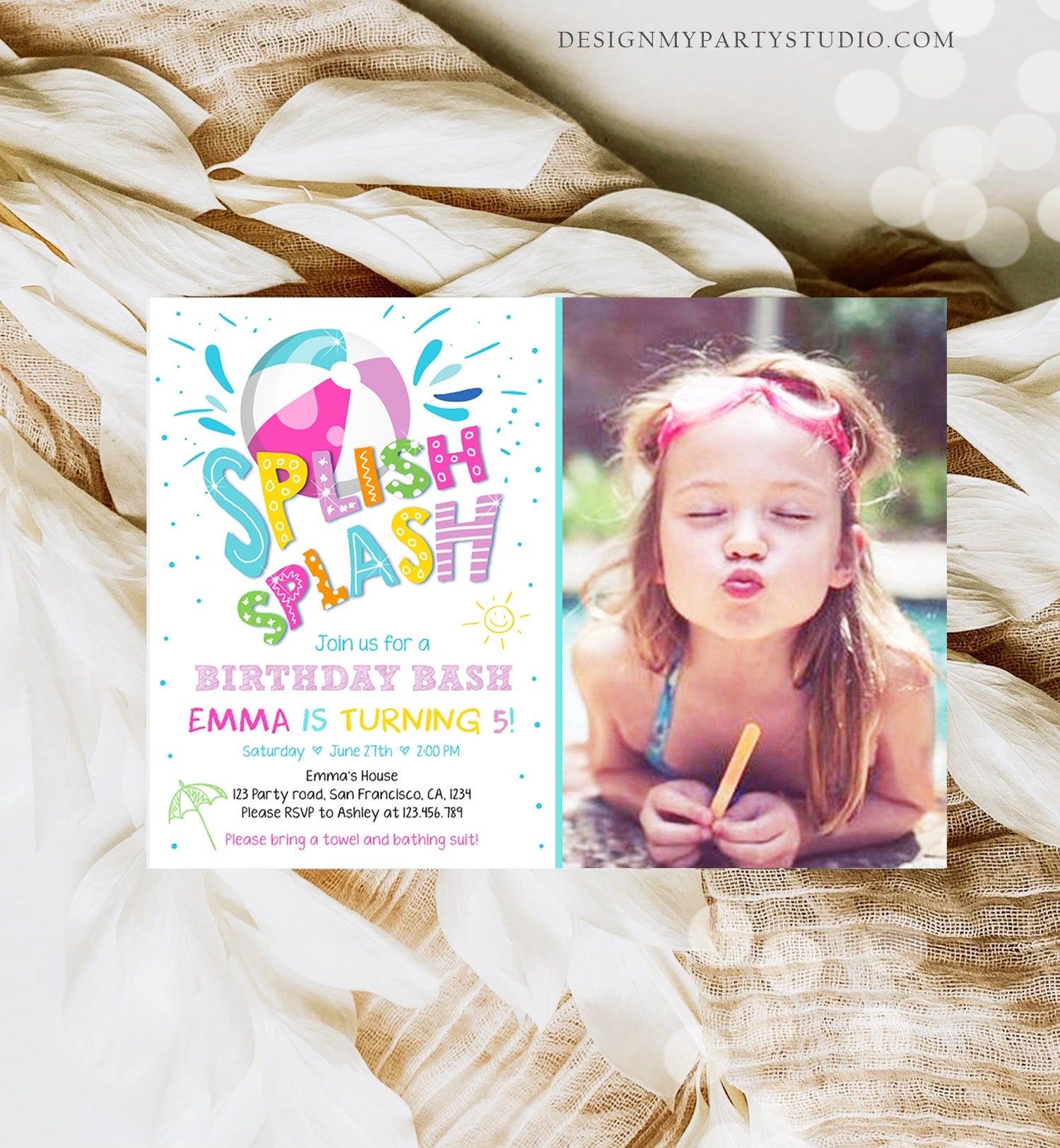 Editable Splish Splash Birthday Invitation Pool Party Beach Ball Pink Girl Birthday Bash Download Printable Invite Template Corjl 0169